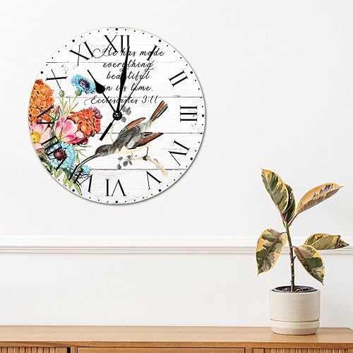 Miniatura 167 de ArogGeld He Made Everything Beautiful - Reloj de pared de PVC con flores rosadas, colibrí, reloj de pared grande con cita y números romanos, reloj