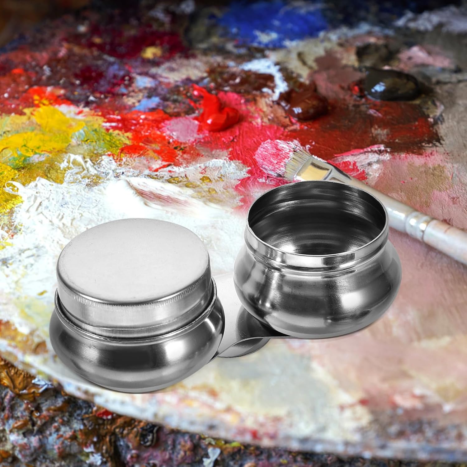 2pcs Stainless Steel Oil Palette Cup Compact Painting Containers with Sealed Lid for Easy Mixing and Cleaning for Oil and Watercolor Artists