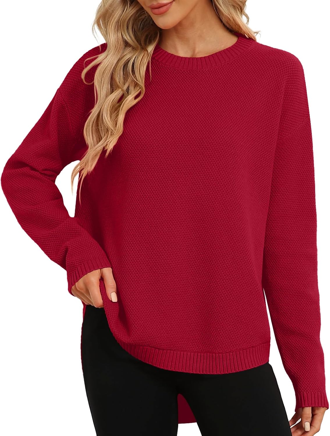 DB MOON Women Crewneck Long Sleeve Knitted Sweater 2026 Loose Fit Soft Solid Pullover - Image 2
