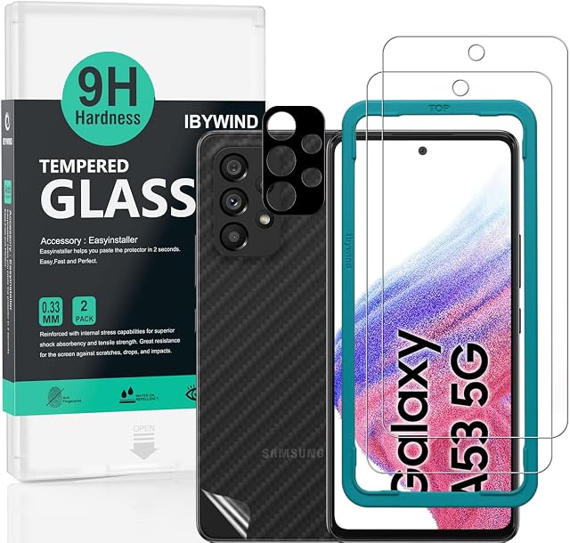 Ibywind Screen Protector for SAMSUNG Galaxy A53 5G 6.5", [Pack of 2] with Metal Camera Lens Protector,Back Carbon Fiber Skin Protector,Including Easy Install Kit
