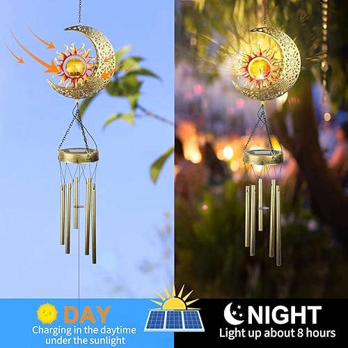 Miniatura 4 de Klmnduo Campanillas de viento, bola de vidrio agrietada de sol y luna con increíble tono profundo, luces solares LED impermeables para decoración de