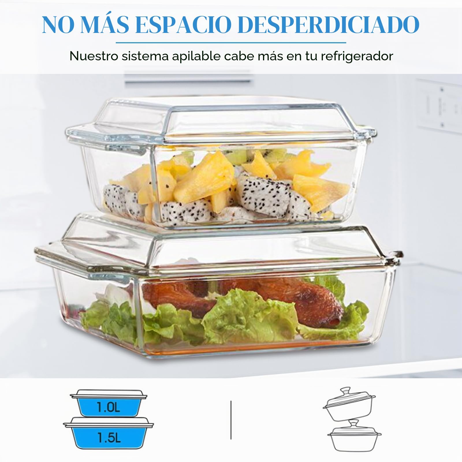 YAYODS 2 fuentes de cristal con tapa – 1000/1500 ml – Juego de cazuelas rectangulares – Utensilios microondas Lasaña de cristal – Molde para horno de cristal con asas – Cuenco de cristal para ensalada