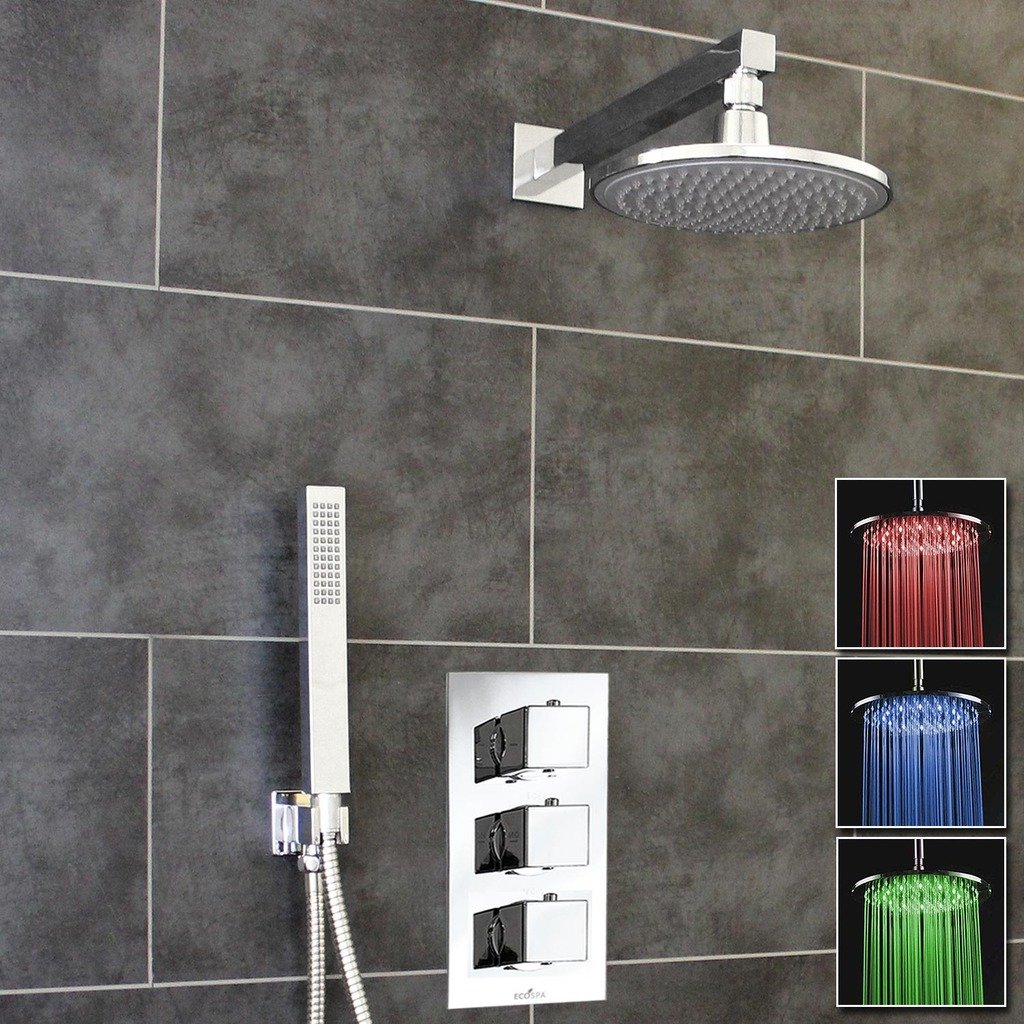 ECOSPA Concealed Thermostatic Shower Mixer Valve in Chrome with 2 Outlets, 3 Square Handles, Round LED Overhead and Shower Handset Kit with Anti-Scalding Safety Feature