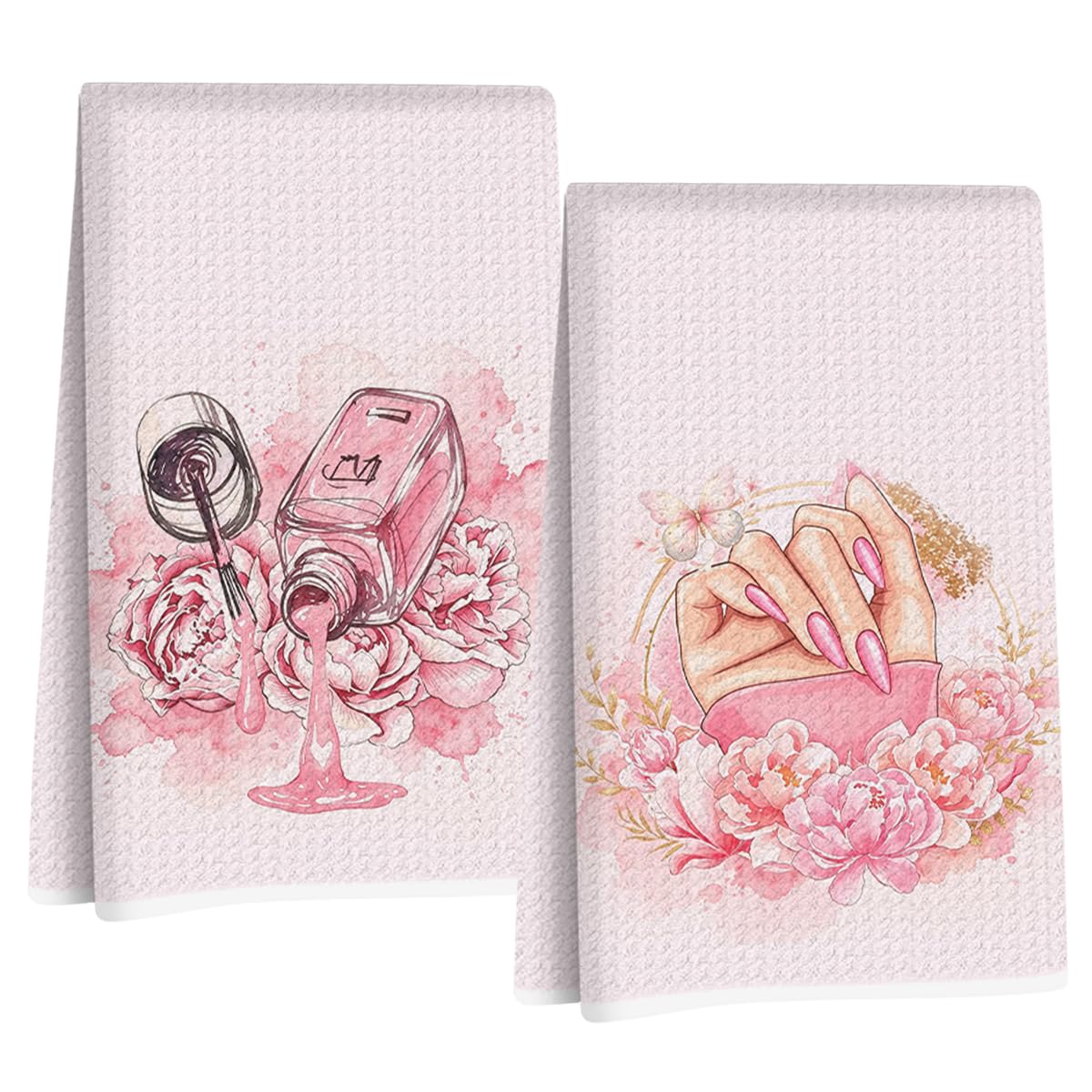Hanamiya Na 2 Pcs Pink Hand Towels, Nail Polish Decor Reusable Dish Towels