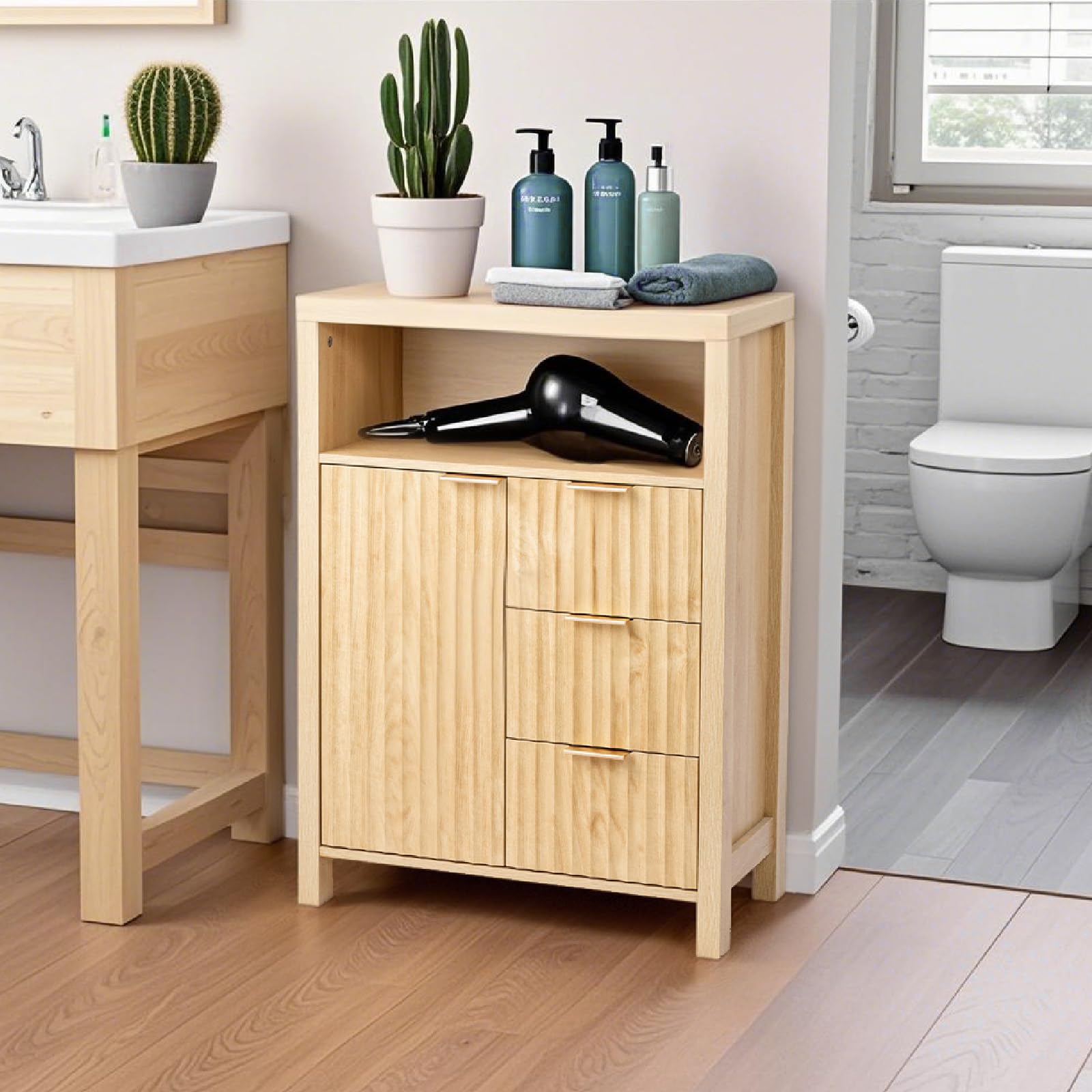 Bonnlo Armoire de salle de bain avec 3 tiroirs, étagères et compartiment ouvert, armoire de rangement striée, pour salon, salle de bain, cuisine, chambre à coucher, 60 x 30 x 80 cm, couleur chêne