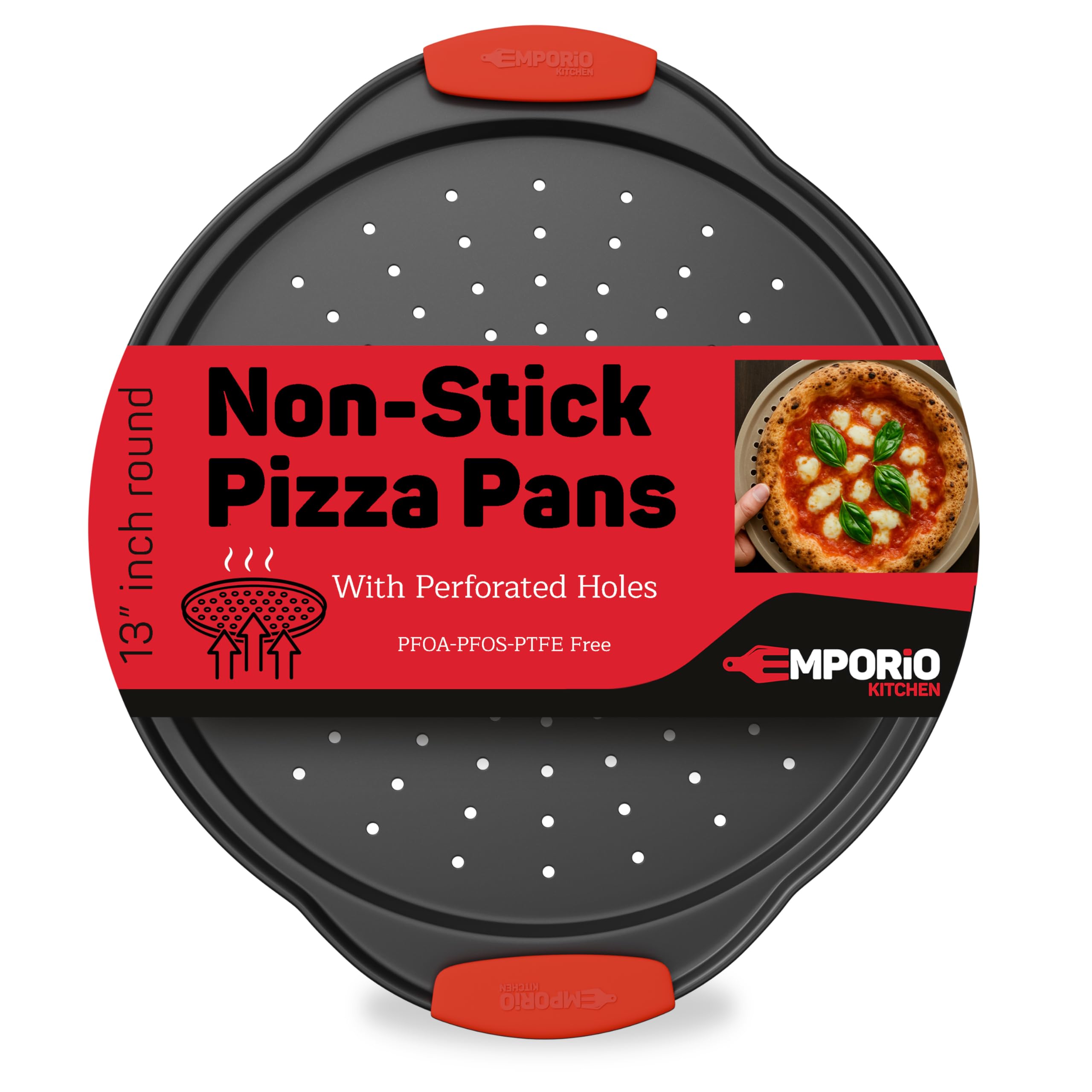 Non-Stick Pizza Pan with Silicone Handle 1 Pack, 13 Inch Round Carbon Steel Tray with Perforated Holes, Dishwasher & Oven Safe Up To 450°F, PFOAPFOSPTFE Free, Durable Nonstick Gray Coating