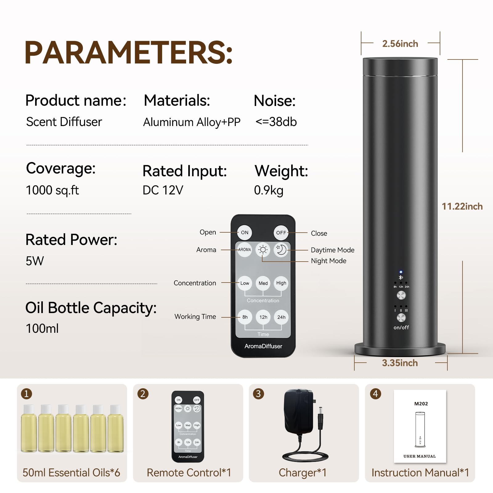 Difusor de aroma sin agua con Bluetooth, máquina difusora de aceites esenciales de 100 ml para el hogar, oficina, spa, difusor de fragancia de aromaterapia con 6 aceites esenciales incluidos, control
