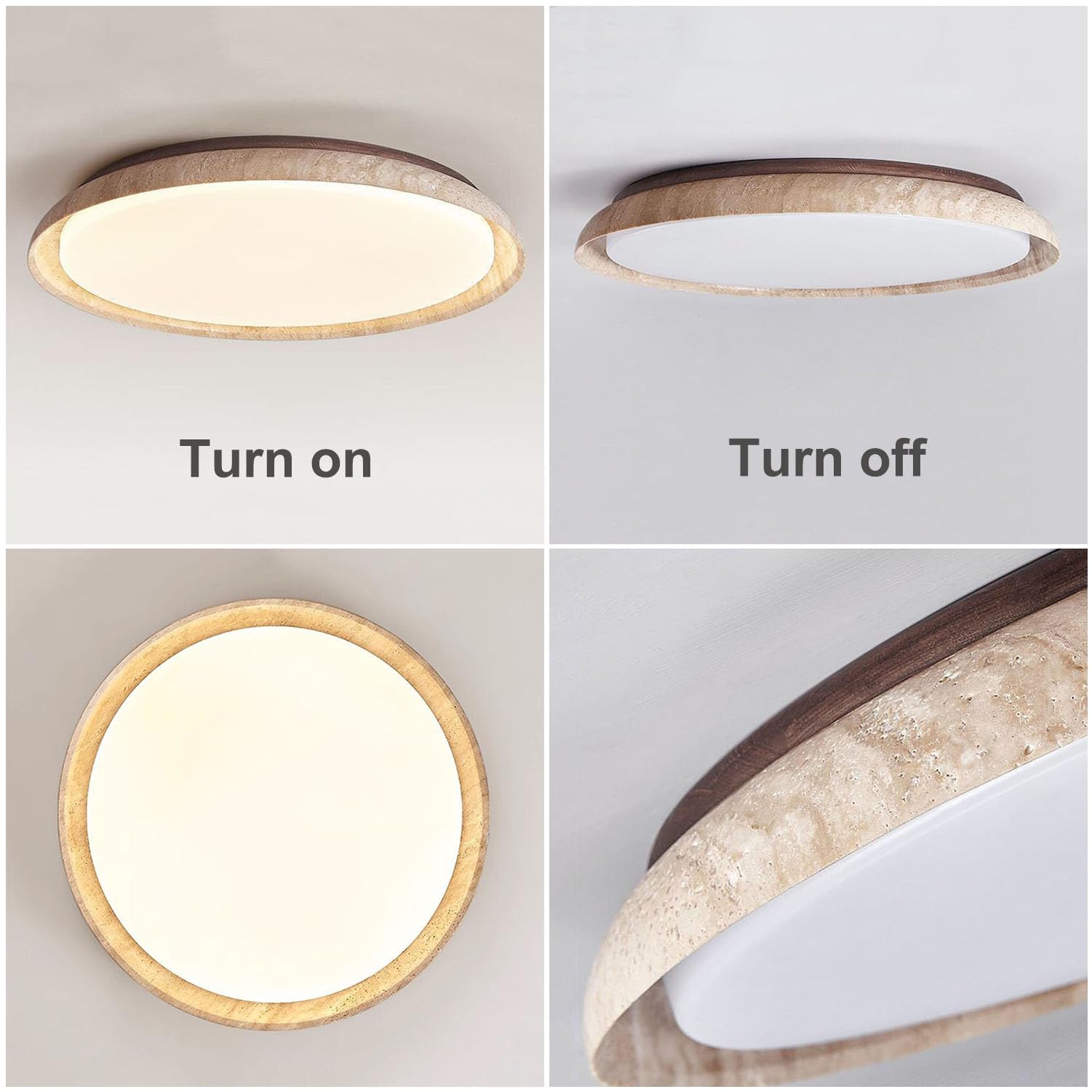 Plafón de Techo Travertino Natural – Lámpara LED de Luz Cálida Fija con Madera Maciza, Estilo Wabi Sabi Vintage para Salón, Dormitorio, Cocina, Luz cálida