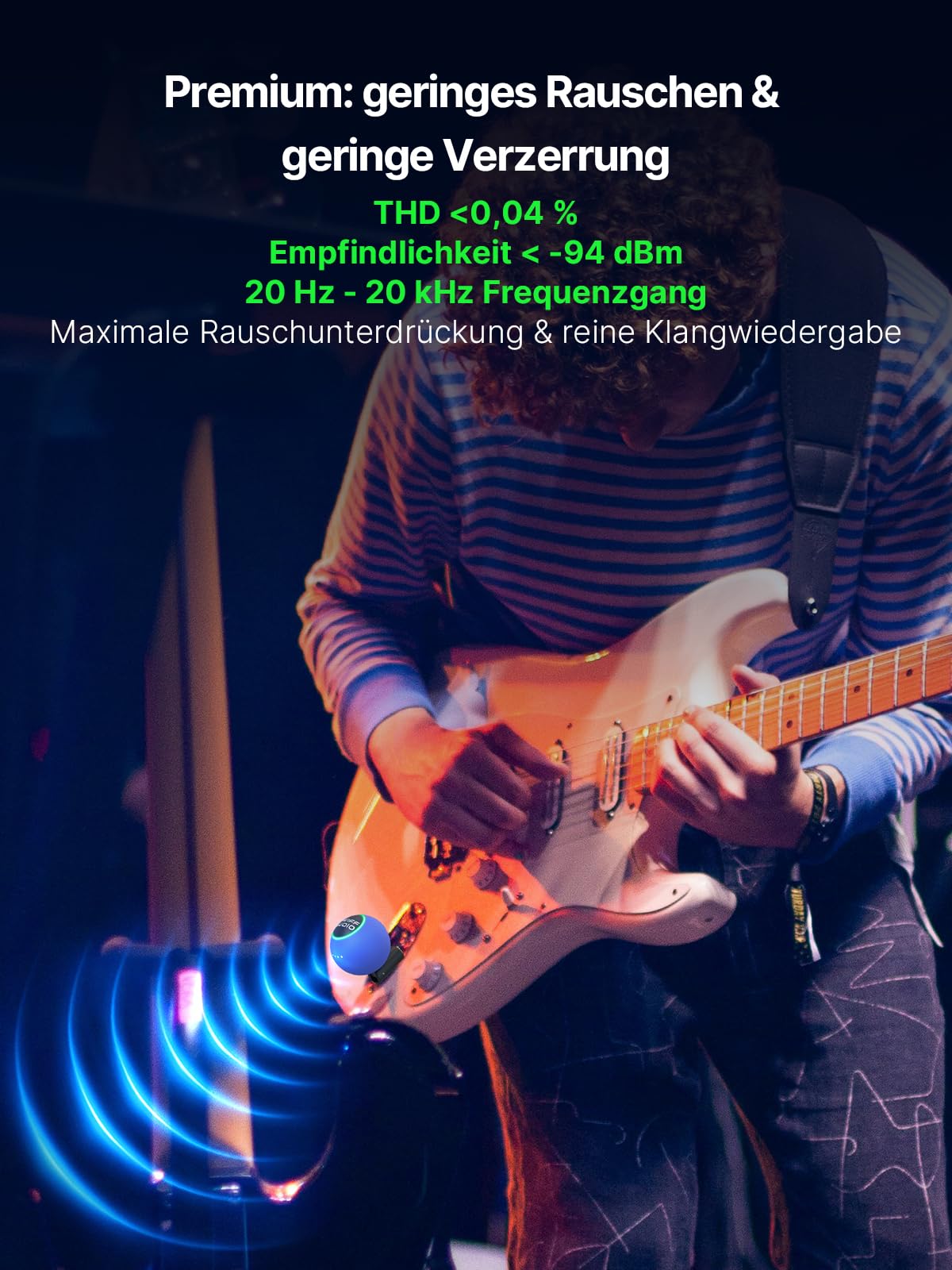 WT09B Funk-Gitarrensystem, Sender & Empfänger, 6 Kanäle mit Auto-Umschaltung, 5,8 GHz, <5,5 ms Latenz, 60 m Reichweite, 1 MΩ HiFi-Eingang, RGB-Anzeige, 4 Std. Laufzeit, Profi-Reiseset, Blau