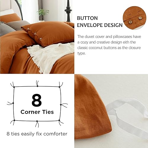 Miniatura 3 de Talasily Juego de funda de edredón de lino tamaño Queen, juego de funda de edredón de mezcla de lino y algodón, suave y fresco, cierre de botón,