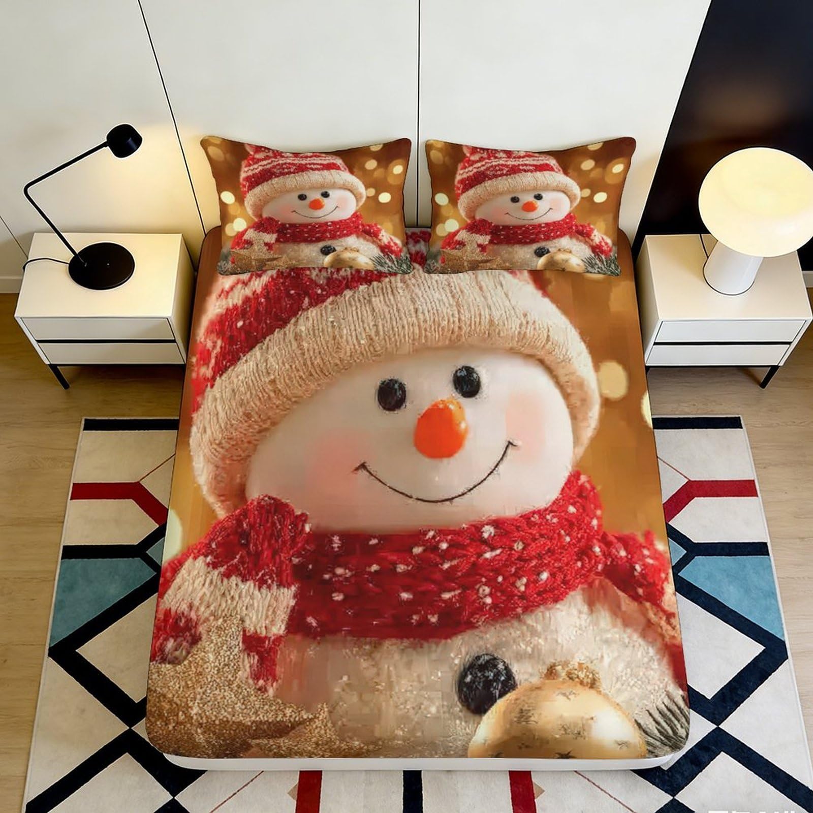 3D Printed Snowman Christmas Fitted Sheet Microfiber Soft Warm Bed Sheet for Bedroom Guest Room Winter Decor 90x200x25cm