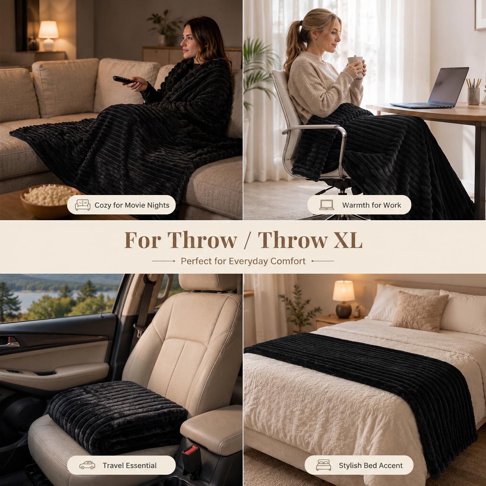 HIMEET Black Throw Blanket for Couch, 300GSM Ribbed Fleece, 50 x 60 Inches view 4