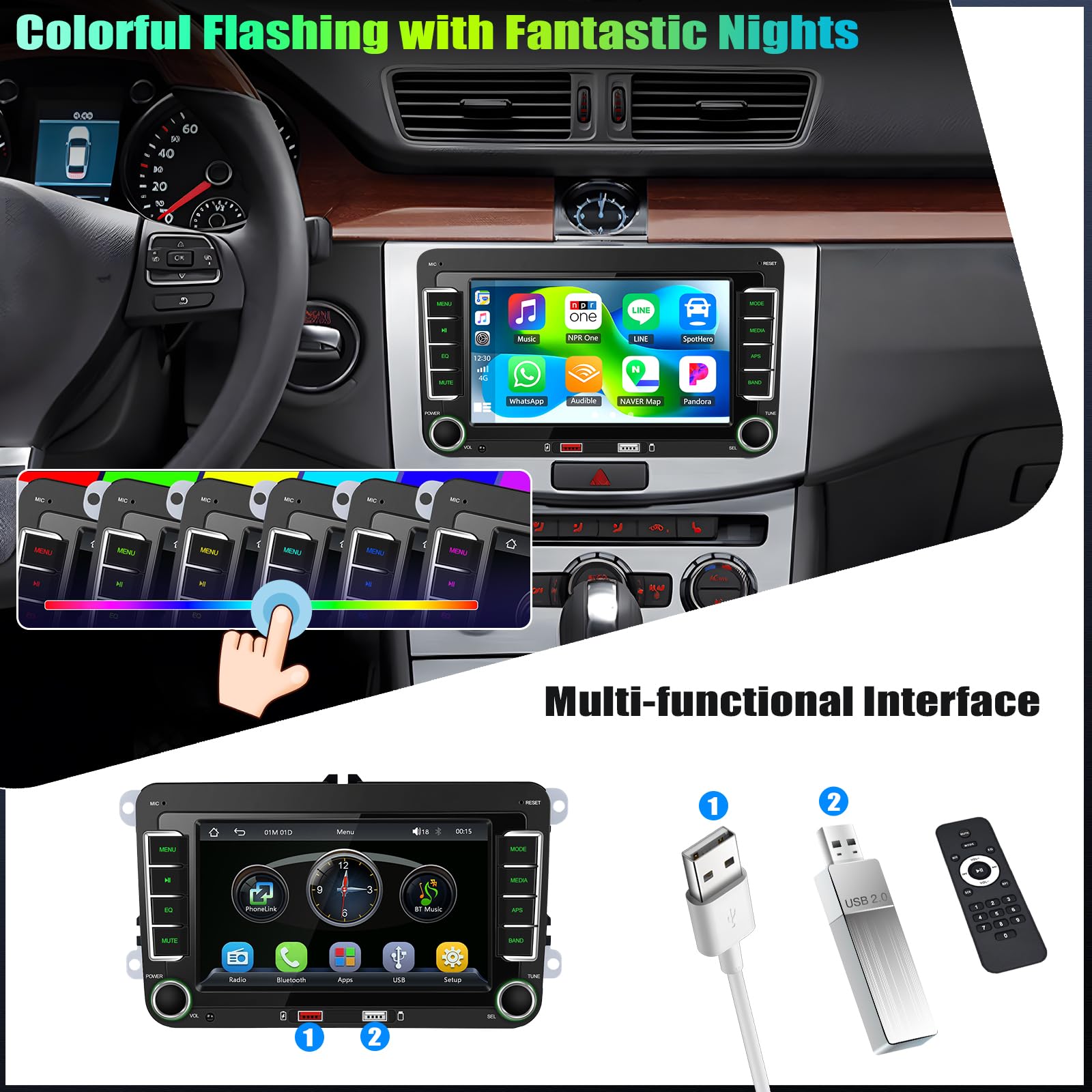 CAMECHO Samochód samochodowy 7" Carplay VW do Golf 5 6 Polo Passat Seat Touran Skoda Tiguan z kamerą cofania, radio Bluetooth z bezprzewodowym systemem Android Auto FM RDS 2USB EQ Sound SWC + ekran