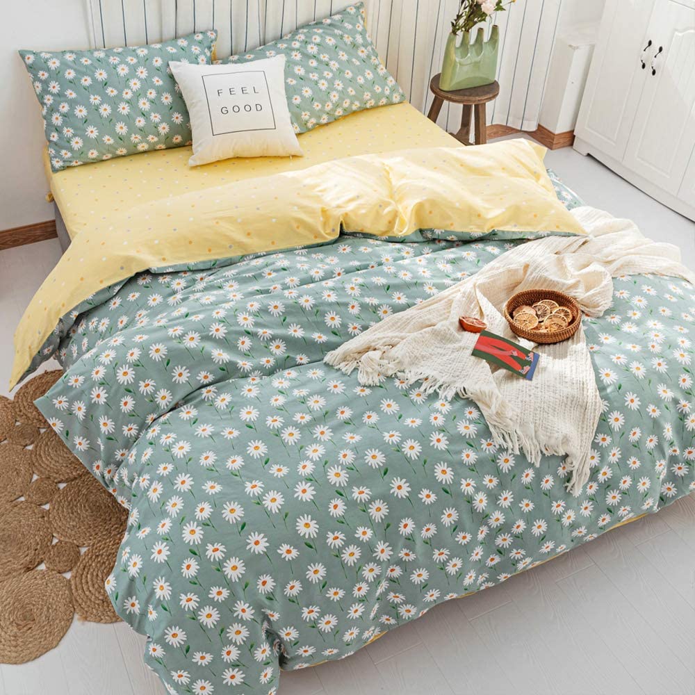 AMWAN Daisy Green Floral Duvet Cover Twin Cotton Girl Bedding Set, White Flower Print Comforter Cover With 2 Pillowcases - Image 2