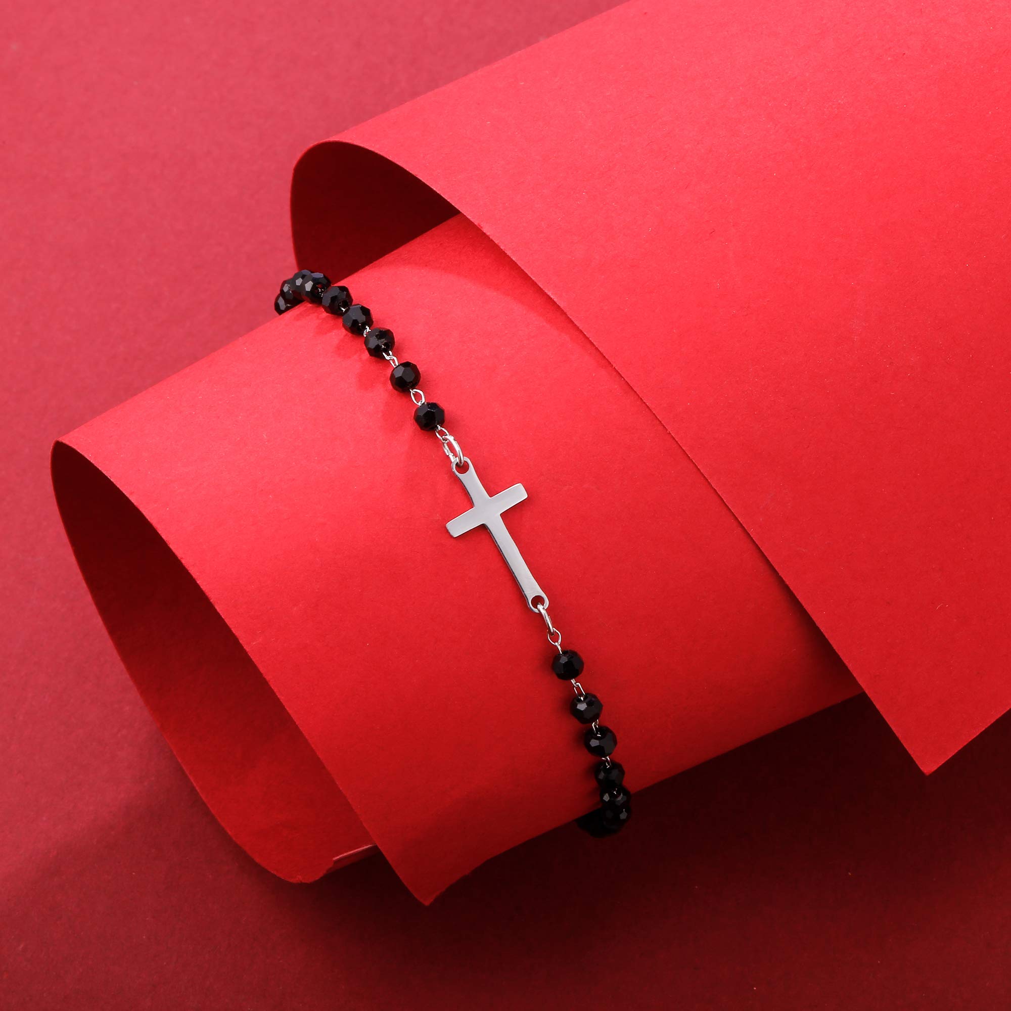 pengjin-Bracciale con ciondolo a quadrifoglio portafortuna, in acciaio inox, con perline nere, semplice braccialetto portafortuna