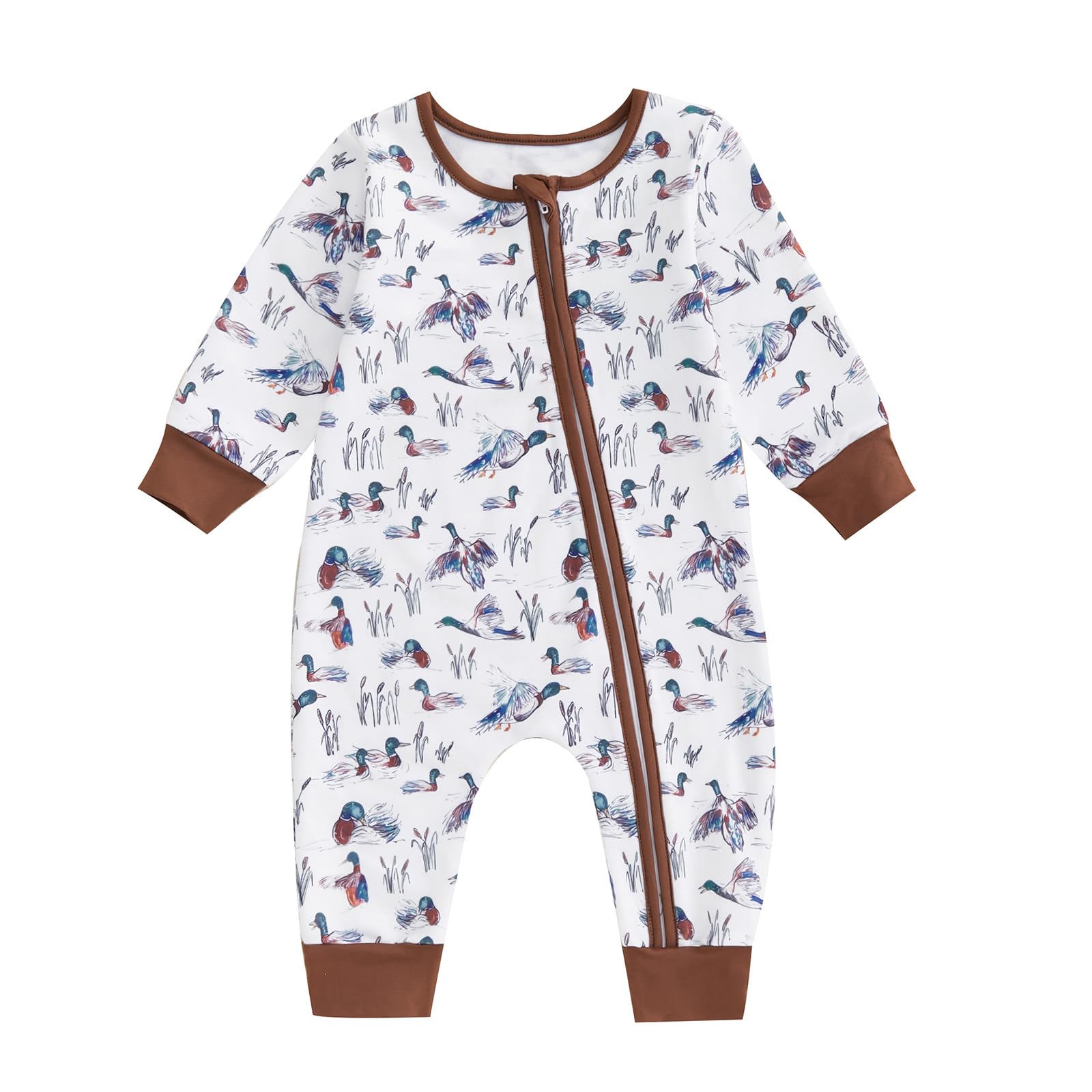 Infant Baby Boy Girl Mallard Duck Romper Jumpsuit Long Sleeve Zip Up Duck One Piece Overalls Hunting Baby Clothes (Brown, 3-6 Months)