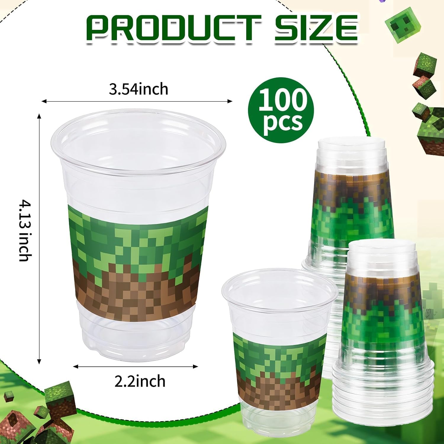 100 Pcs 12 Oz Green Pixel Plastic Cups, Birthday Party Decoration image 2