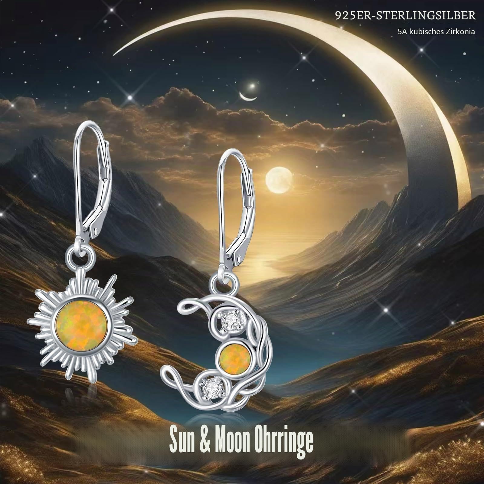 Sonne Mond Ohrringe für Damen 925 Sterling Silber Halbmond Sonne Opal Tropfen Ohrringe Himmlischer Schmuck Geschenk für Ehefrau Freundin Tochter