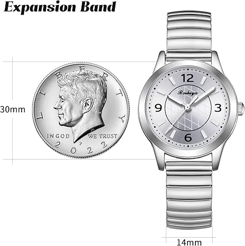 Miniatura 3 de BOSHIYA Relojes para mujer Easy Reader de 1.181 in de acero inoxidable con banda de expansión plateada dorada para mujer, reloj de pulsera pequeño
