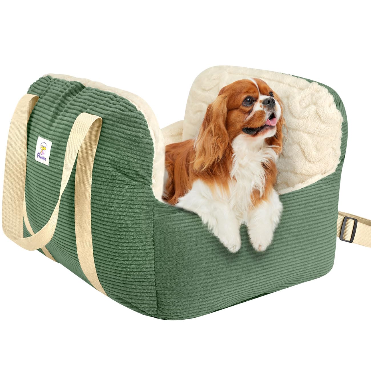 Pawaboo Dog Car Seat for Small Dogs, Soft Dog Booster Car Seat under 25lbs, Puppy Cars Seats with Safety Leash and Thickened Memory Foam Filling, Pet Carseat Travel Carrier Bed, Dark Green + Off-white