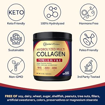 Doctor's Recipes Multi Collagen Peptides Powder for Women & Men, Grass-Fed Bovine Hydrolyzed Protein Type I II III V X, for Skin, Hair, Nails, Unflavored, Easy to Dissolve, Paleo & Keto, 16oz
