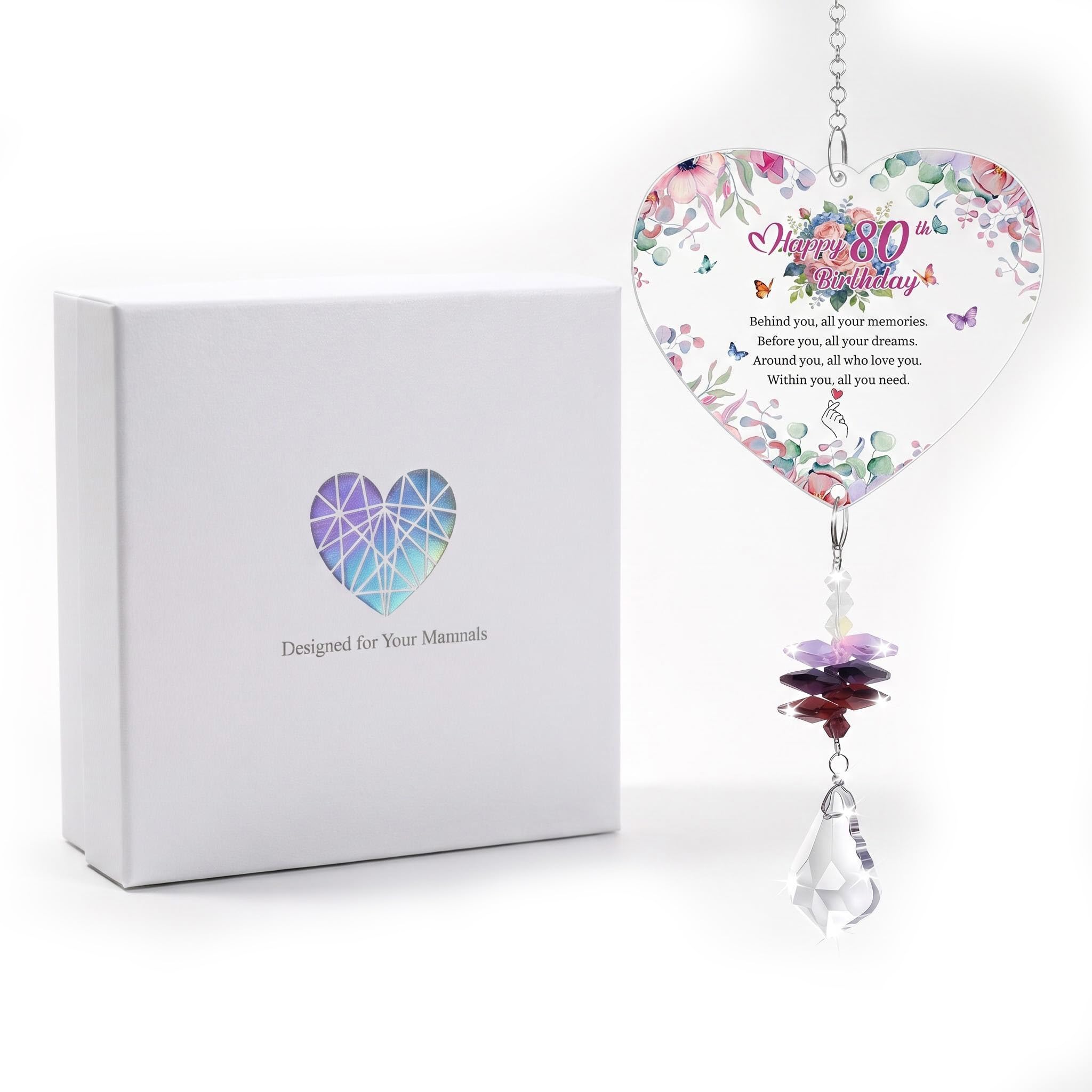 80th Birthday Gifts for Women - Heart Shaped Crystal Suncatcher with Inspirational Message, Unique 80th Birthday Presents for Her Mum Auntie Sister, Boxed Crystal Suncatcher Decor for Home Garden Car
