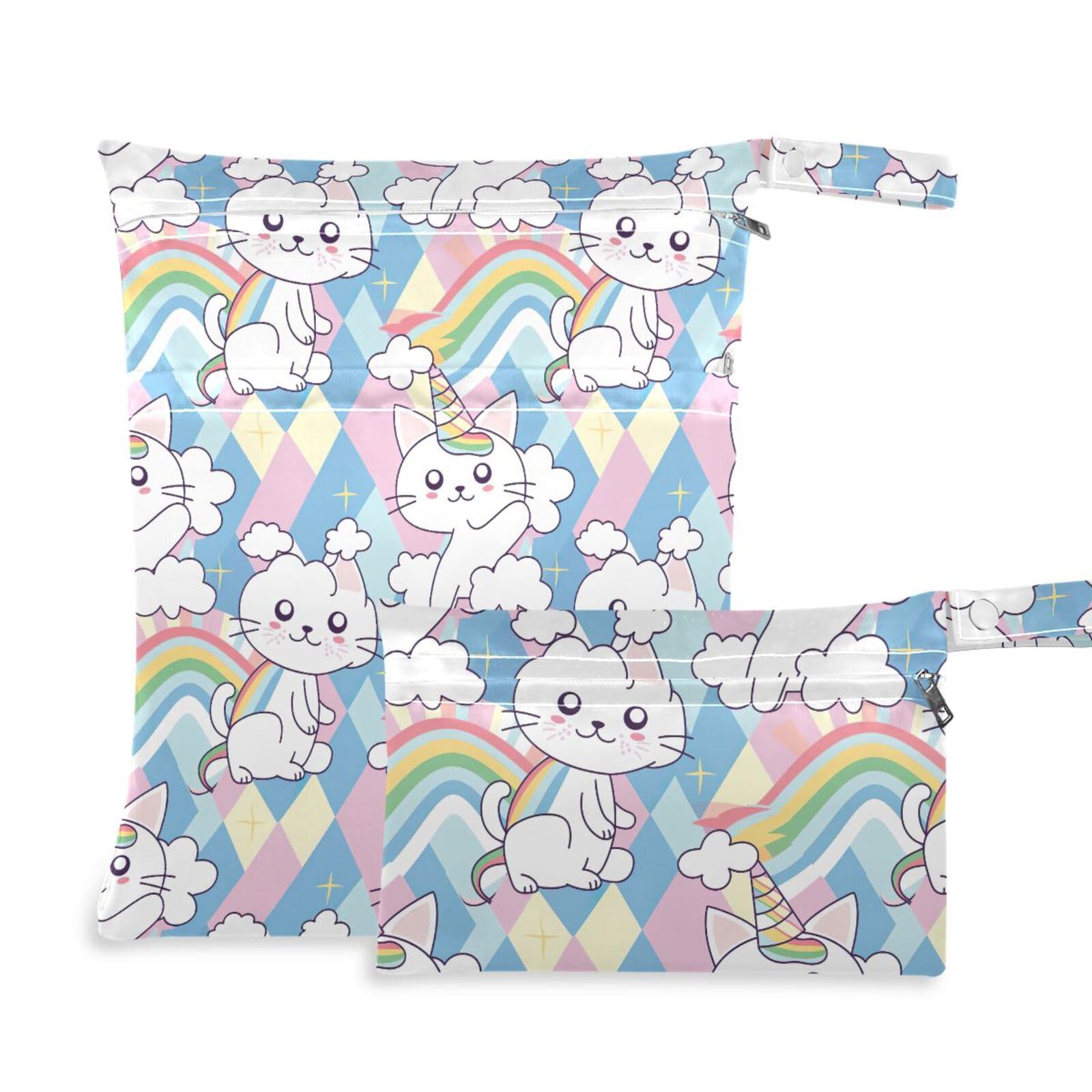 Coikll Wet Dry Bags for Cloth Diaper 2 Pack Waterproof Yoga Gym Bag for Swimsuit Wet Clothes Baby Items-?Rainbow Cats?