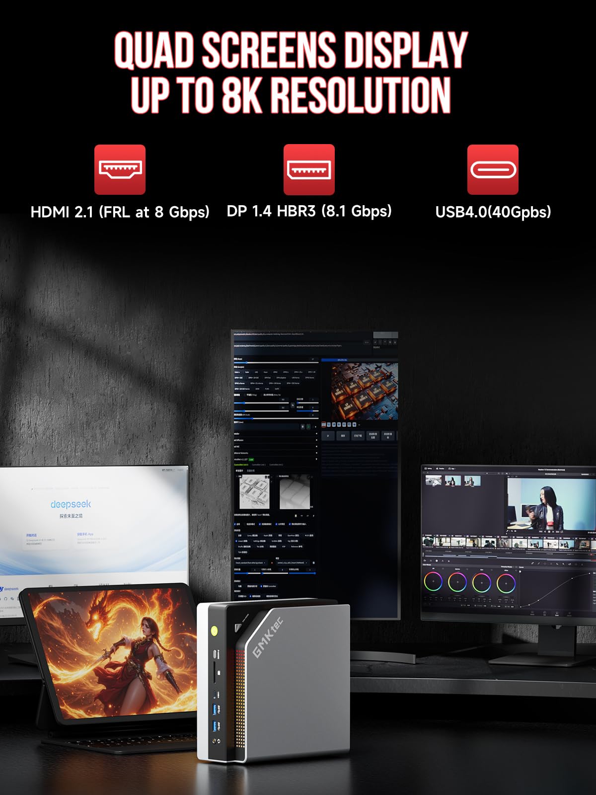 GMKtec EVO-X2 AI Mini PC Ryzen Al Max+ 395 (up to 5.1GHz) Mini Gaming Computers, 128GB LPDDR5X 8000MHz (16GB*8) 2TB PCIe 4.0 SSD, Quad Screen 8K Display, WiFi 7 & USB4, SD Card Reader 4.0