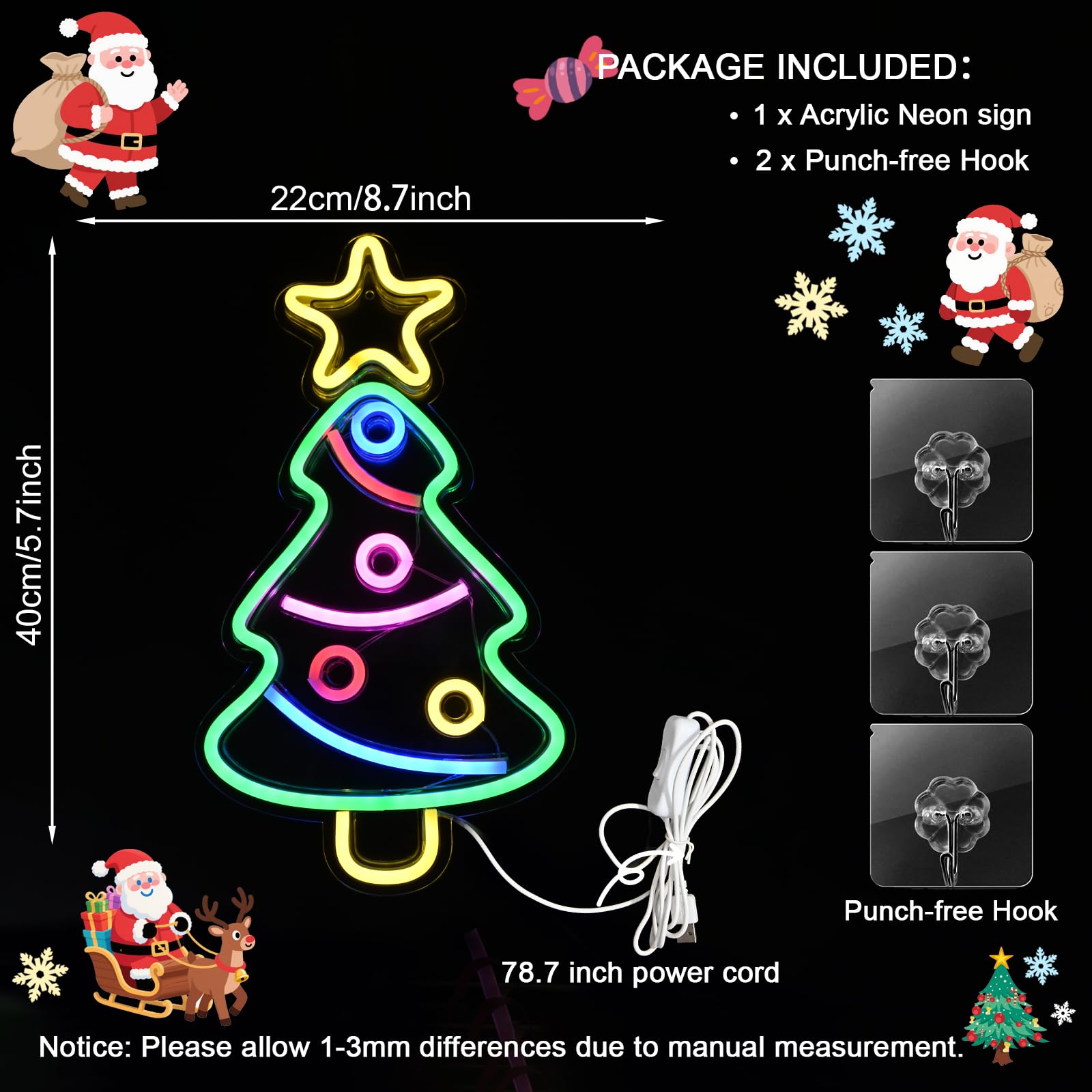 SEDEX Letrero de neón de Feliz Navidad, letrero LED de árbol de Navidad con alimentación USB para decoración de pared, fiesta de Navidad, bar, hogar, festival, decoración familiar para niños