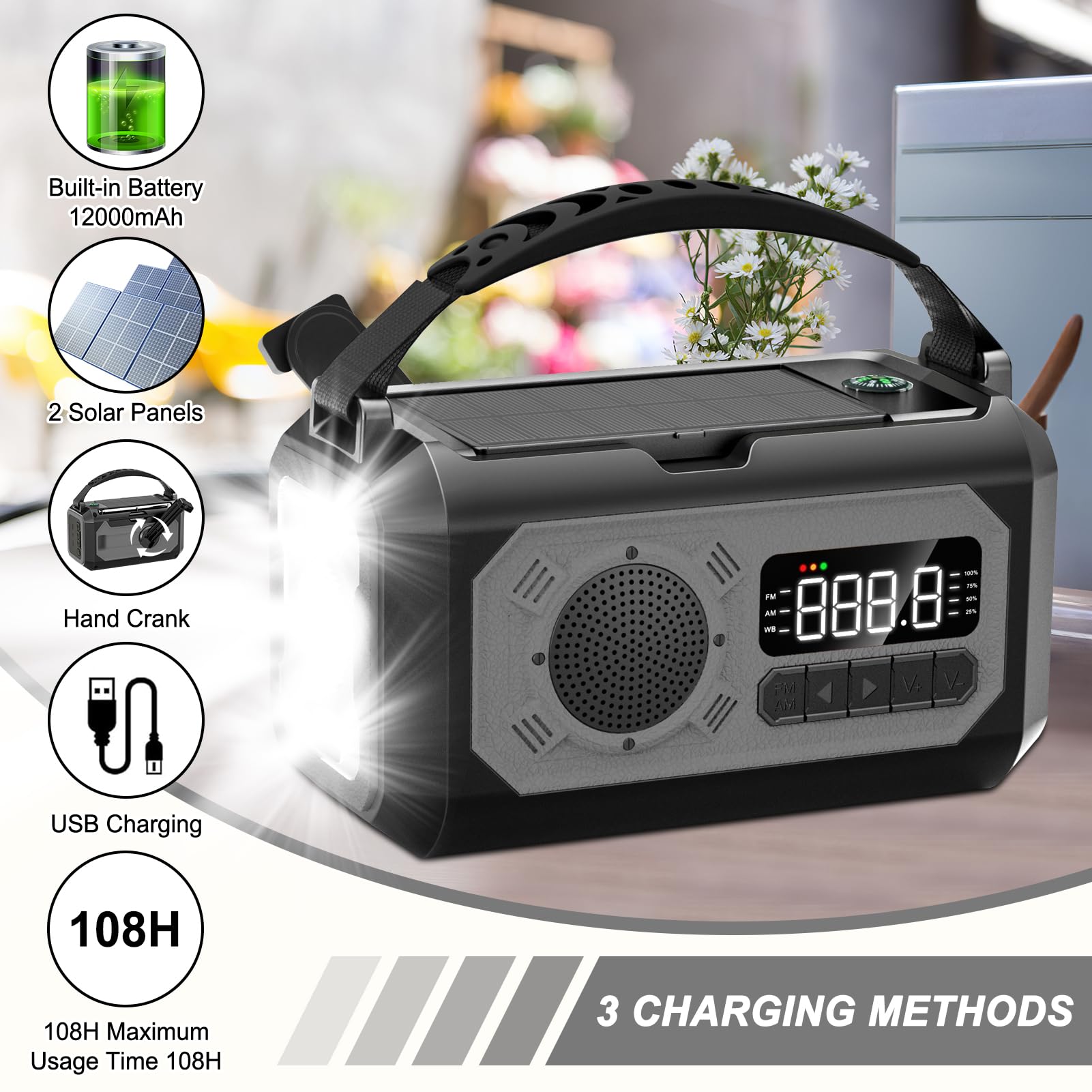 Radio di emergenza da 12000 mAh, radio portatile con allarme meteorologico AM/FM/NOAA, manovella con torcia, lampada da lettura, allarme SOS, caricatore USB, per emergenza domestica ed esterna