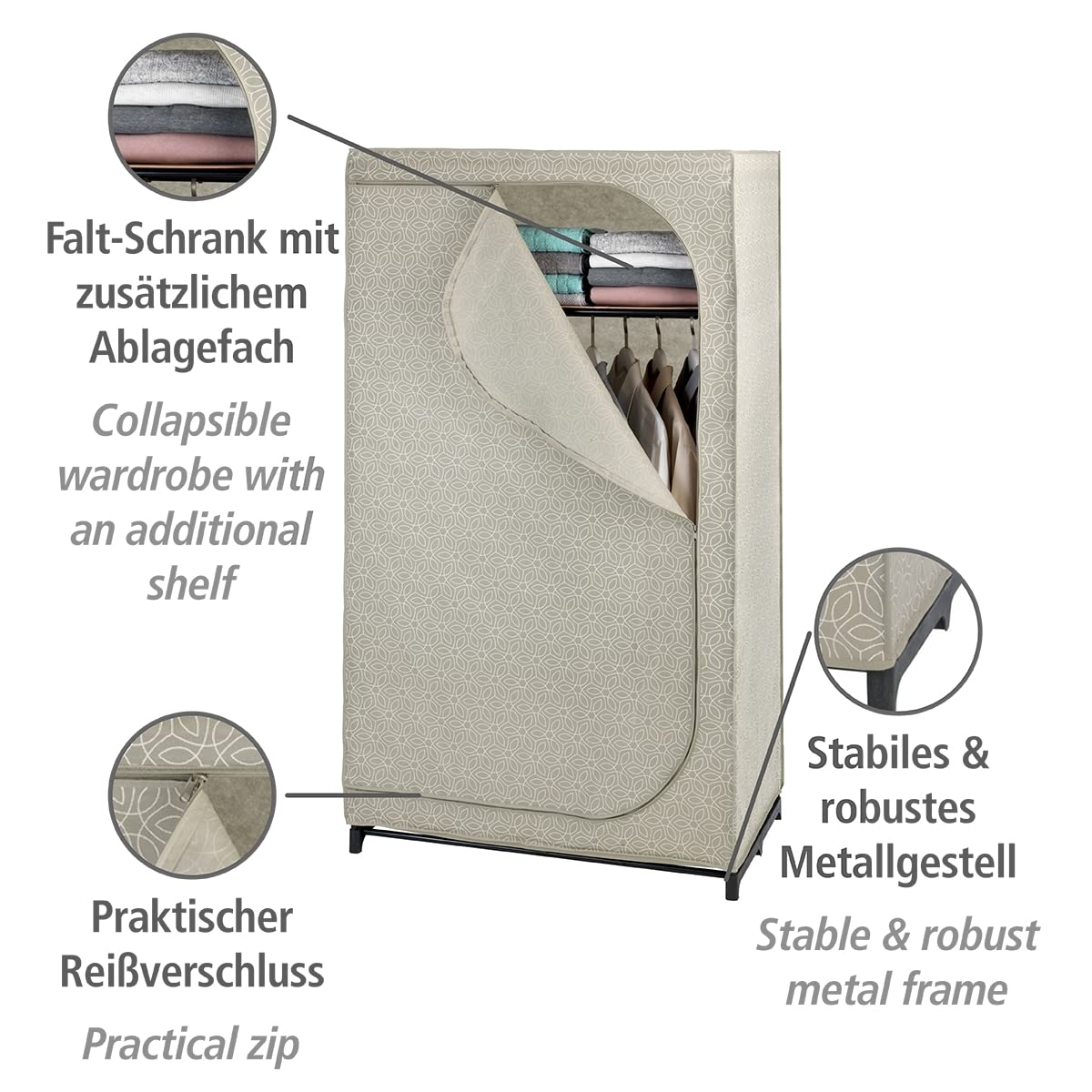 WENKO Kleiderschrank Mod. Balance mit Ablage und Kleiderstange, Stoffschrank zur staubfreien Aufbewahrung von Textilien, Metallgestell, atmungsaktives Vlies-Material, 90x160x50 cm, Taupe