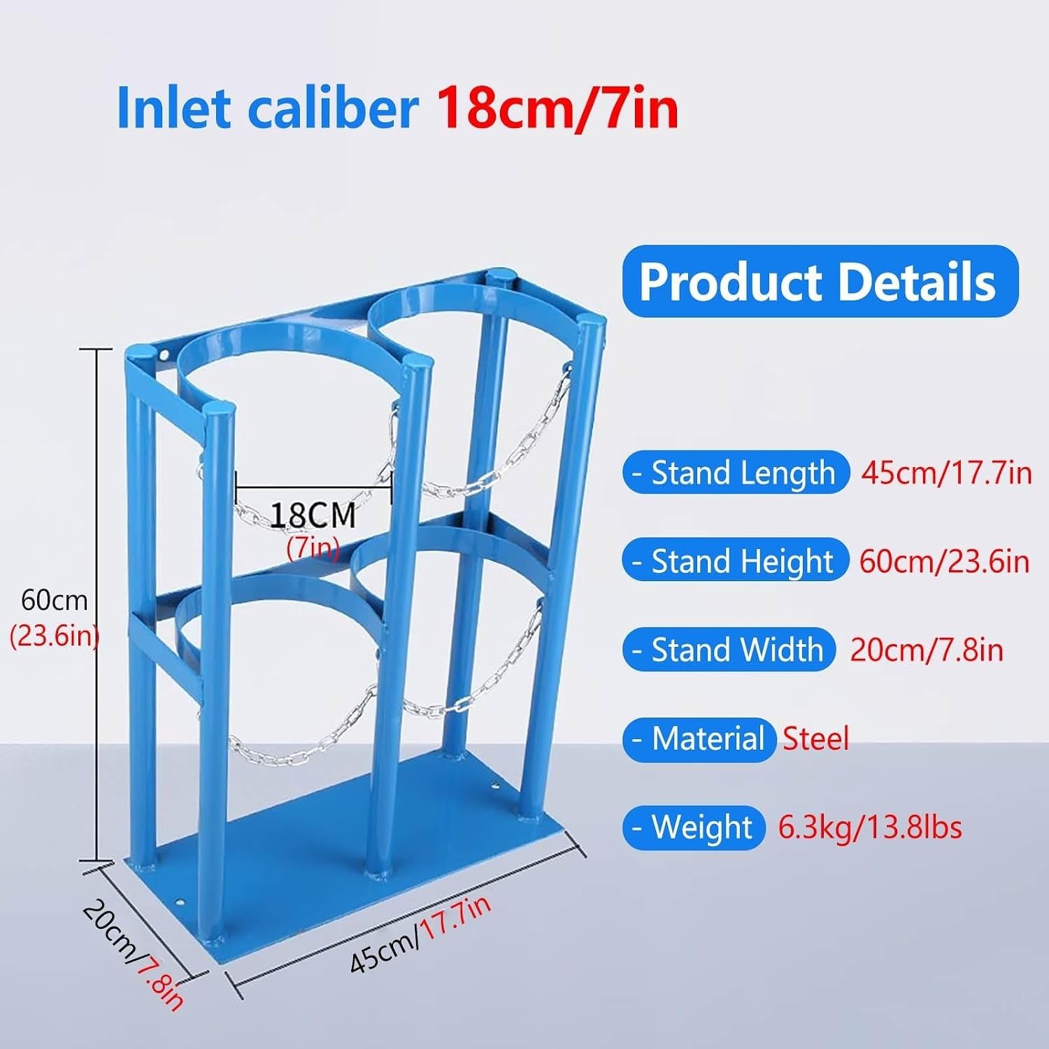 Genérico Soporte para bombonas de Gas de Alta Resistencia con Cadena de Seguridad, Estante de Acero Reforzado para Almacenamiento de bombonas de Gas propano y CO2 (Ø18 cm/45 x 20 x 60 cm)