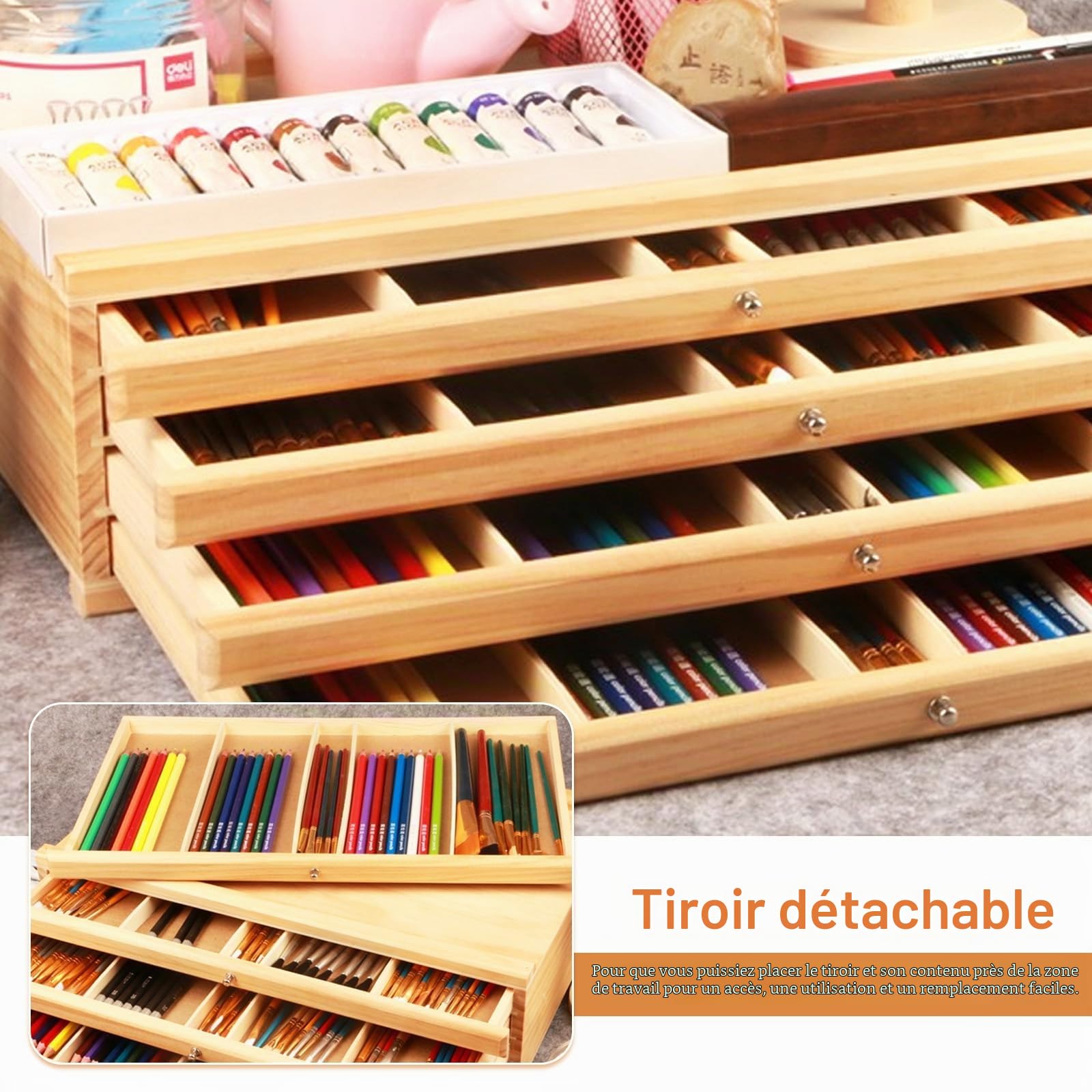 Boîte de Rangement Pour Pinceaux, Boîte de Rangement En Bois Pour Fournitures D'artiste Avec 4 Tiroirs Amovibles, Caja de Almacenamiento de Arte de Pino Premium Pour Crayons, Stylos, Pinceaux