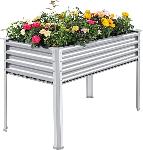 Land Guard Cama de jardín elevada galvanizada con patas, 48 x 24 x 32 pulgadas, maceta elevada de metal grande con agujeros de drenaje para patio