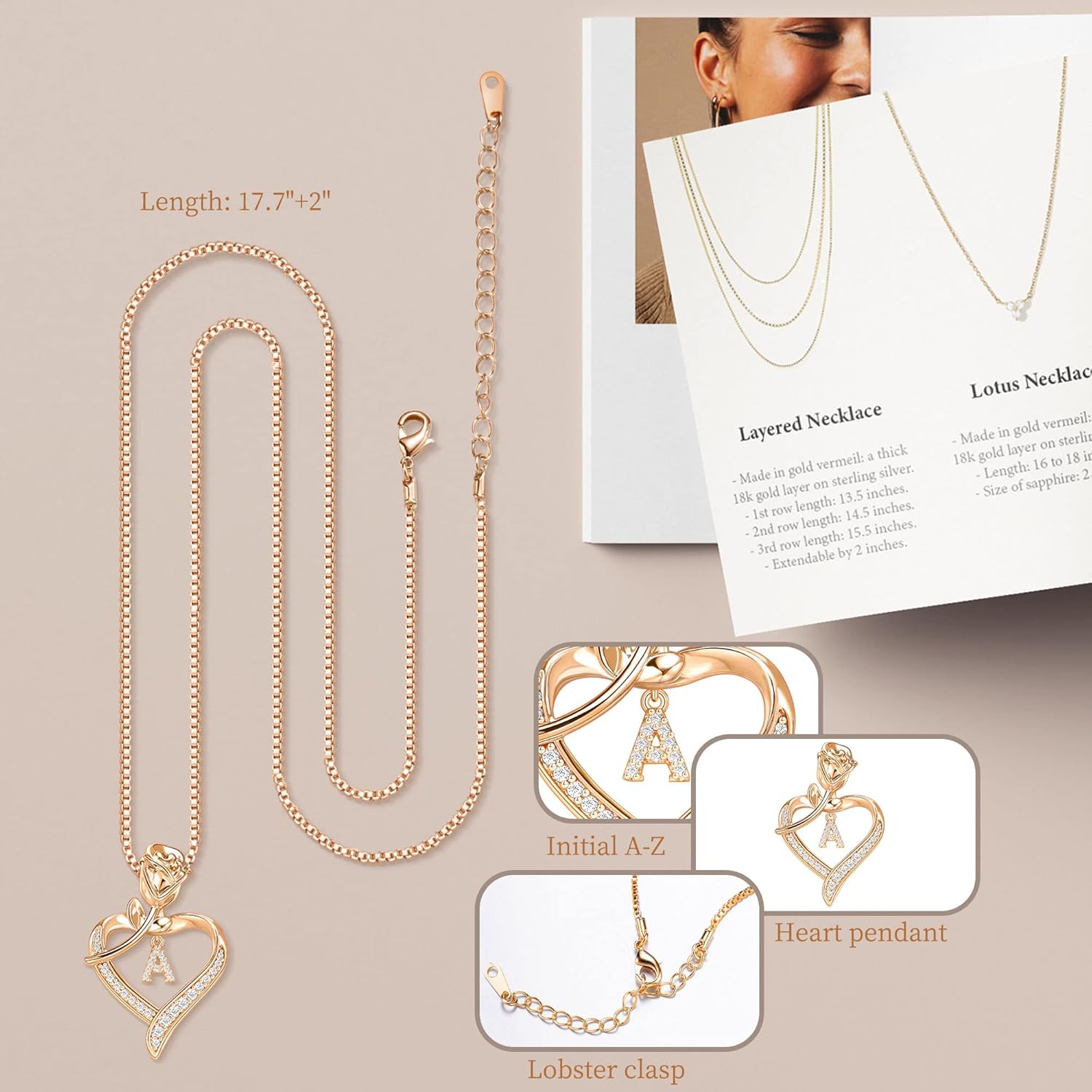 JSJOY Initial Necklaces for Women Gifts for Women, Rose Heart Necklace for Mom Letter Pendant A-Z Necklace Jewelry Gifts for Her Wife Girlfriend - Image 5