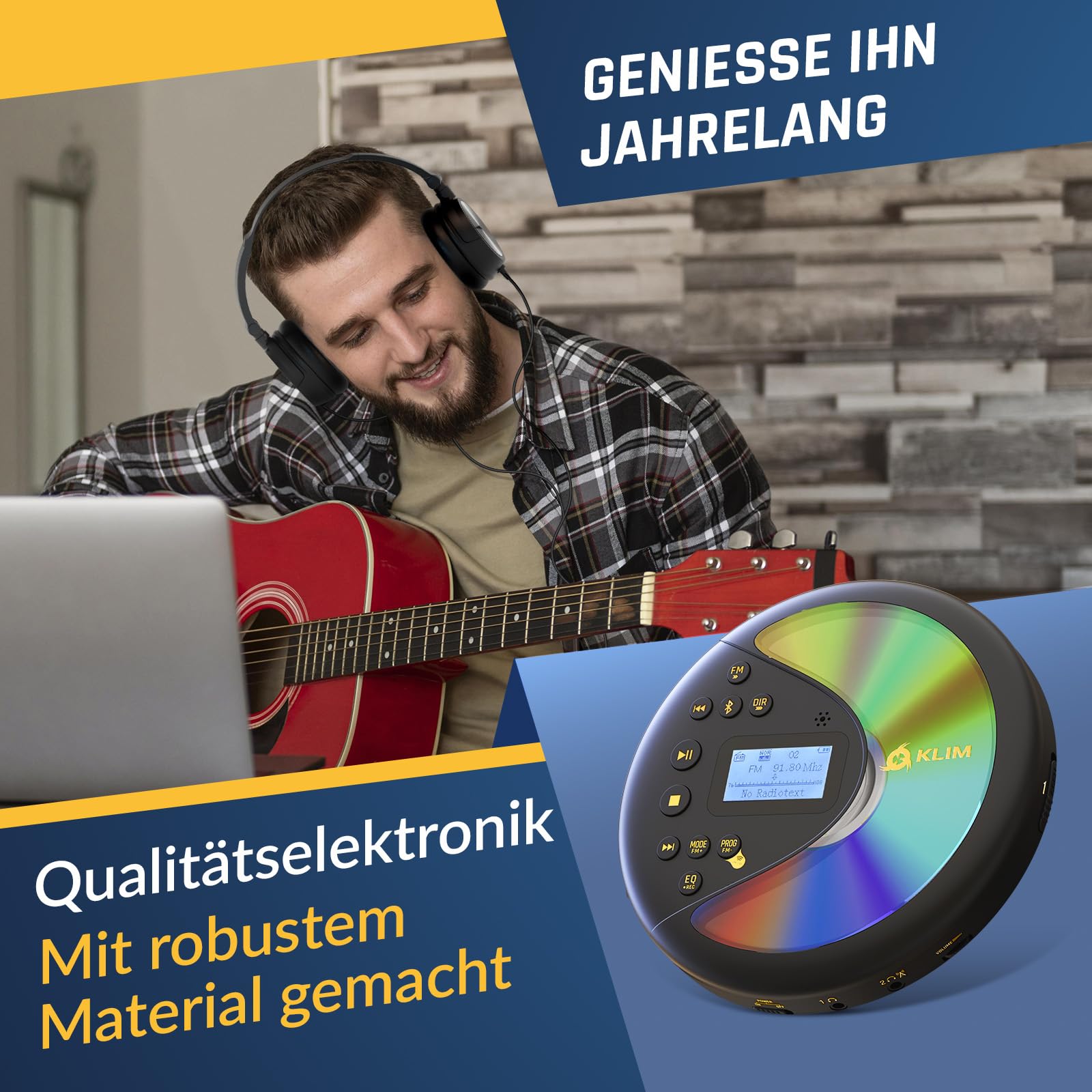 KLIM Discover Mit Kopfhörern - Tragbarer CD-Player mit langlebigem Akku - Kompatibler MP3-CD-Player - SD-Karte, FM-Transmitter, Bluetooth - Ideal für Autos - Portable CD Player - Schwarz/Gold