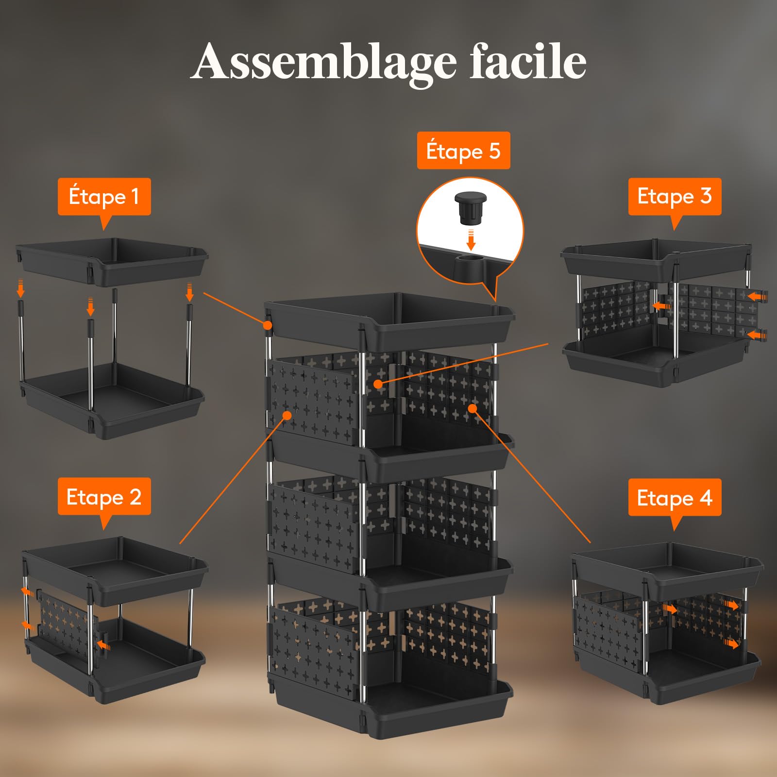 Lifewit Bacs de Rangement Empilables, Panier Coulissant en Plastique à Niveaux pour Dressing, Armoire, Cuisine, Rangement de Placard, 35 x 30 x 72 cm, Noir, 4 Niveaux