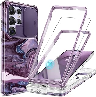 GVIEWIN for Samsung Galaxy S25 Ultra Case Slide Camera Cover 2 Front Frames | Built-in HD Screen Protector, Shockproof Military Grade Protective Marble Phone Case for S25 Ultra 6.9" (Quicksand)