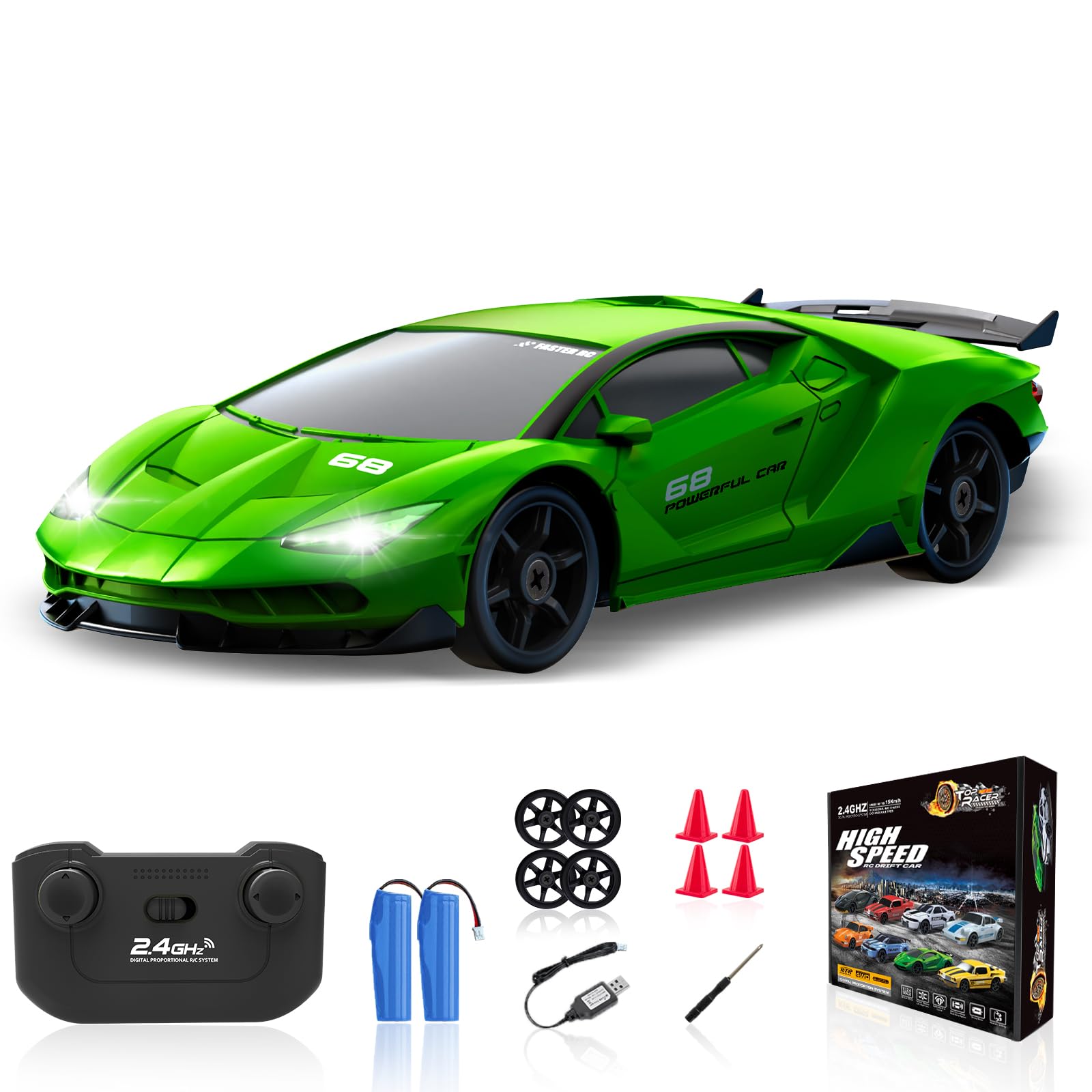RC Drift Car, 1/24 4WD Remote Control Car 2.4GHz High Speed Drifting RC Cars with LED Light, Two Rechargeable Batteries and Drift Tires for Kids Boys Girls and Adults, Green
