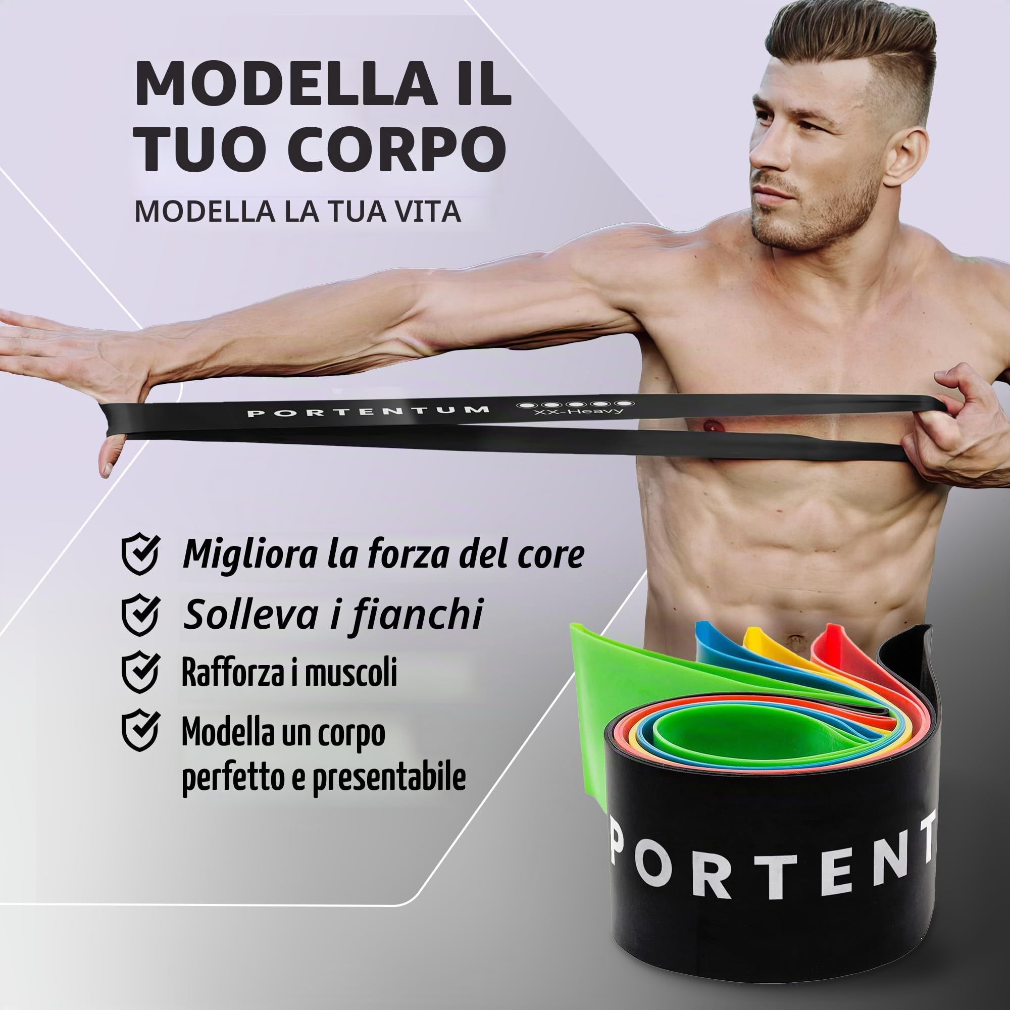 PORTENTUM elastici fitness, set di 5 fasce elastico fitness. Comoda e resistente bande elastiche fitness. Fascia elastica fitness, elastici palestra