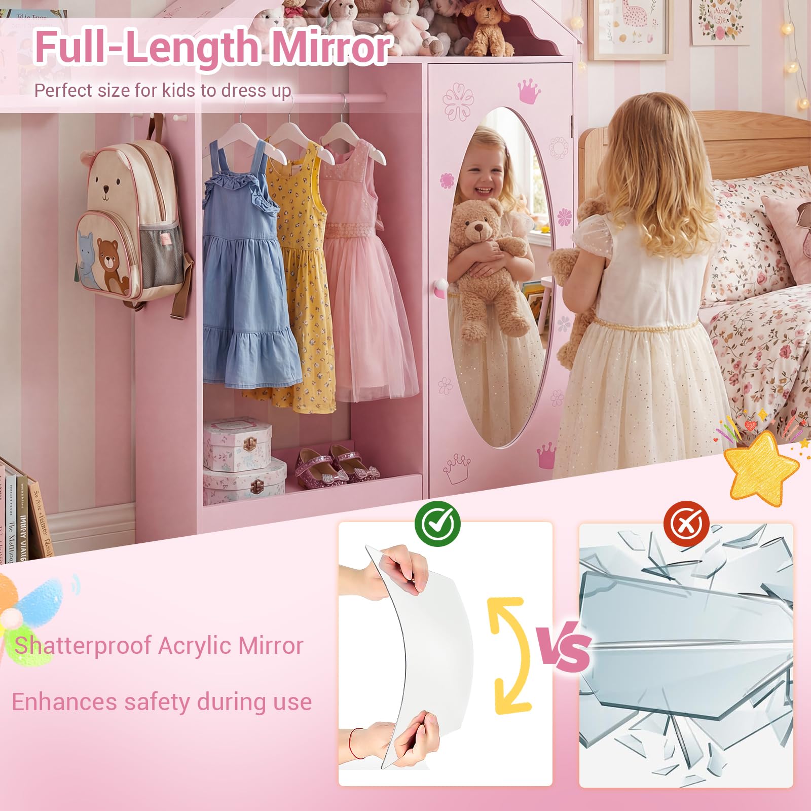 FANTASK Kinder Kleiderschrank Hausform, Kindergarderobe mit Spiegel, Kleiderstange, Regalen & Haken, Kinderzimmer Kleiderschrank für Mädchen & Jungen ab 3 Jahren, Kleiderständer Kinderzimmer (Rosa)