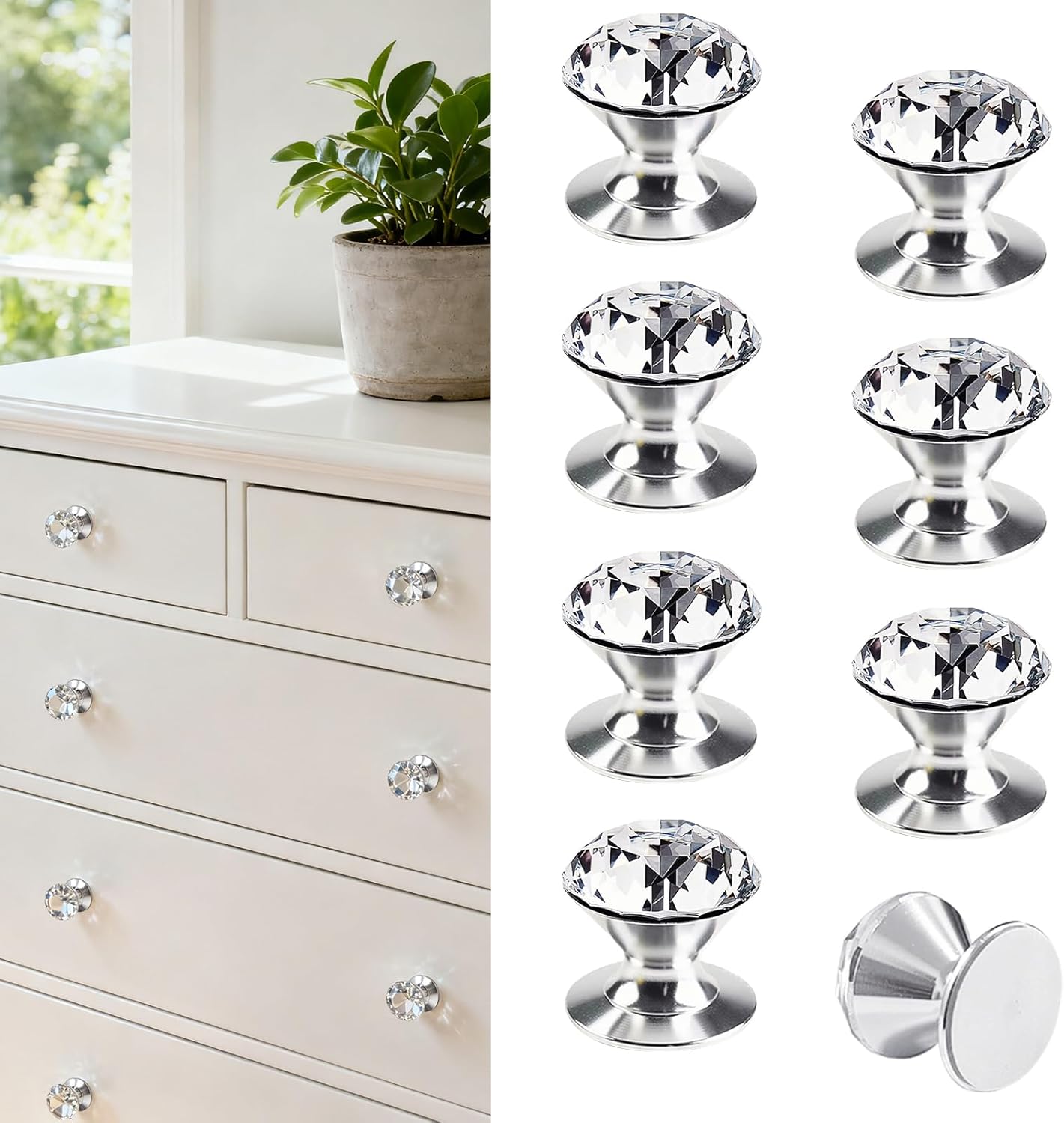 8 Pcs Crystal Self Adhesive Knobs Clear Diamond Dresser Knobs Self Stick Cabinet Handles Bling Stick on Glass Drawer Pulls Removable No Drill Pulls for Mirror Doors Medicine Cabinet Closet