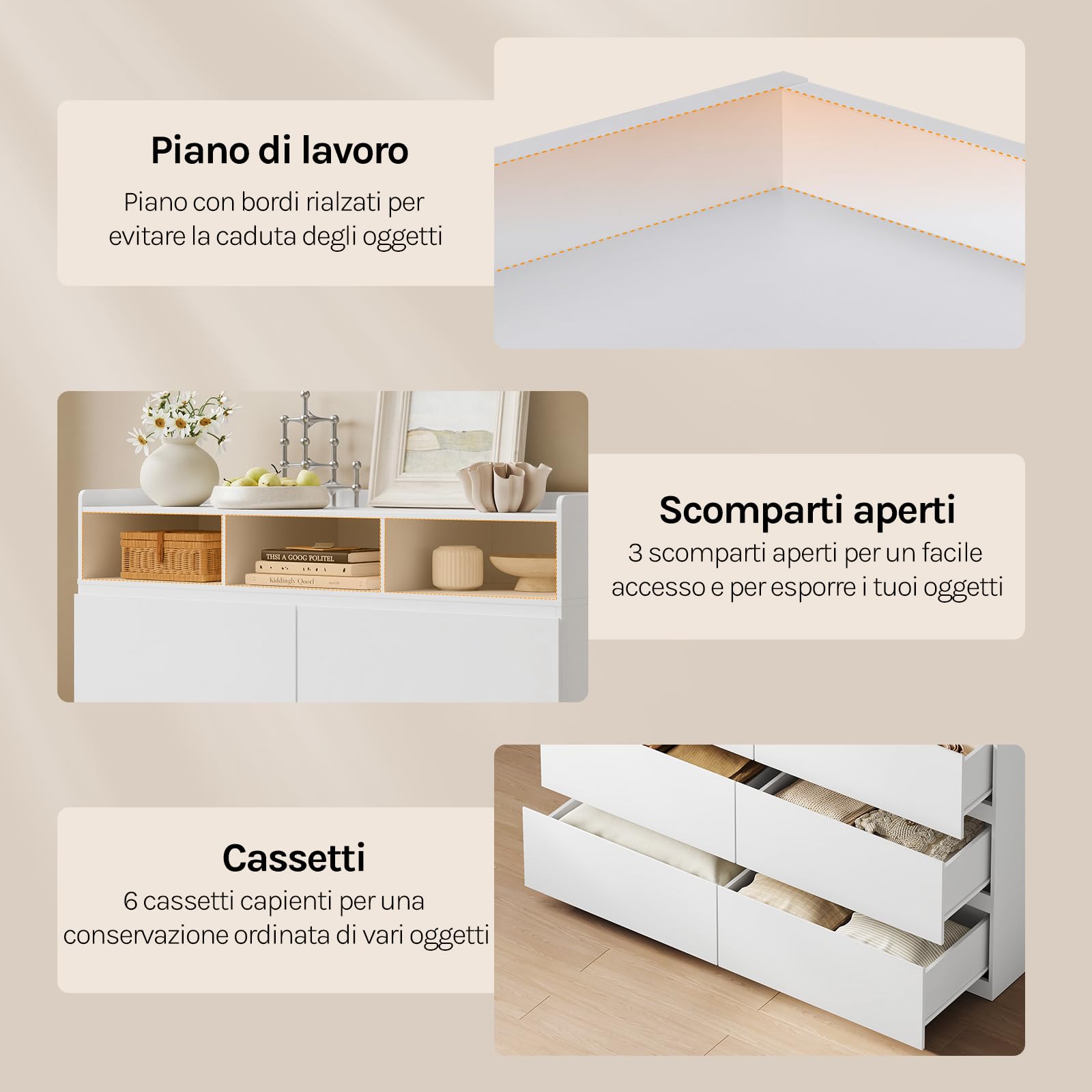 WOLTU Cassettiera con 6 Cassetti, Mobiletto Salvaspazio | con 3 Scomparti Aperti e 1 Piano a Bordi Rialzati, 120x40x100 cm, in Legno, per Camera da Letto, Soggiorno, Ingresso, Bianco