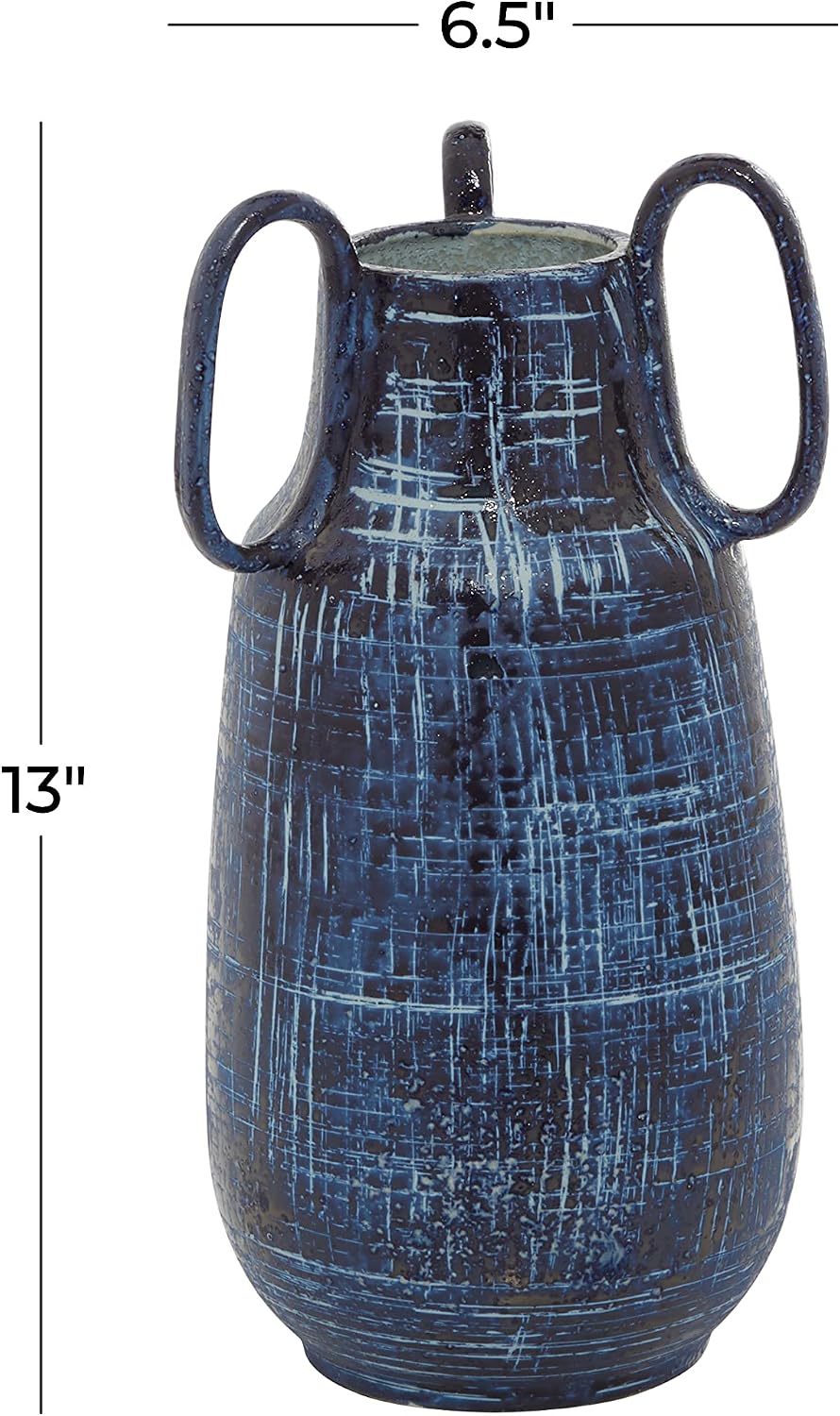 Deco 79 Ceramic Decorative Vase Centerpiece Vase with Handles, Flower Vase for Home Decoration 6" x 6" x 13", Blue