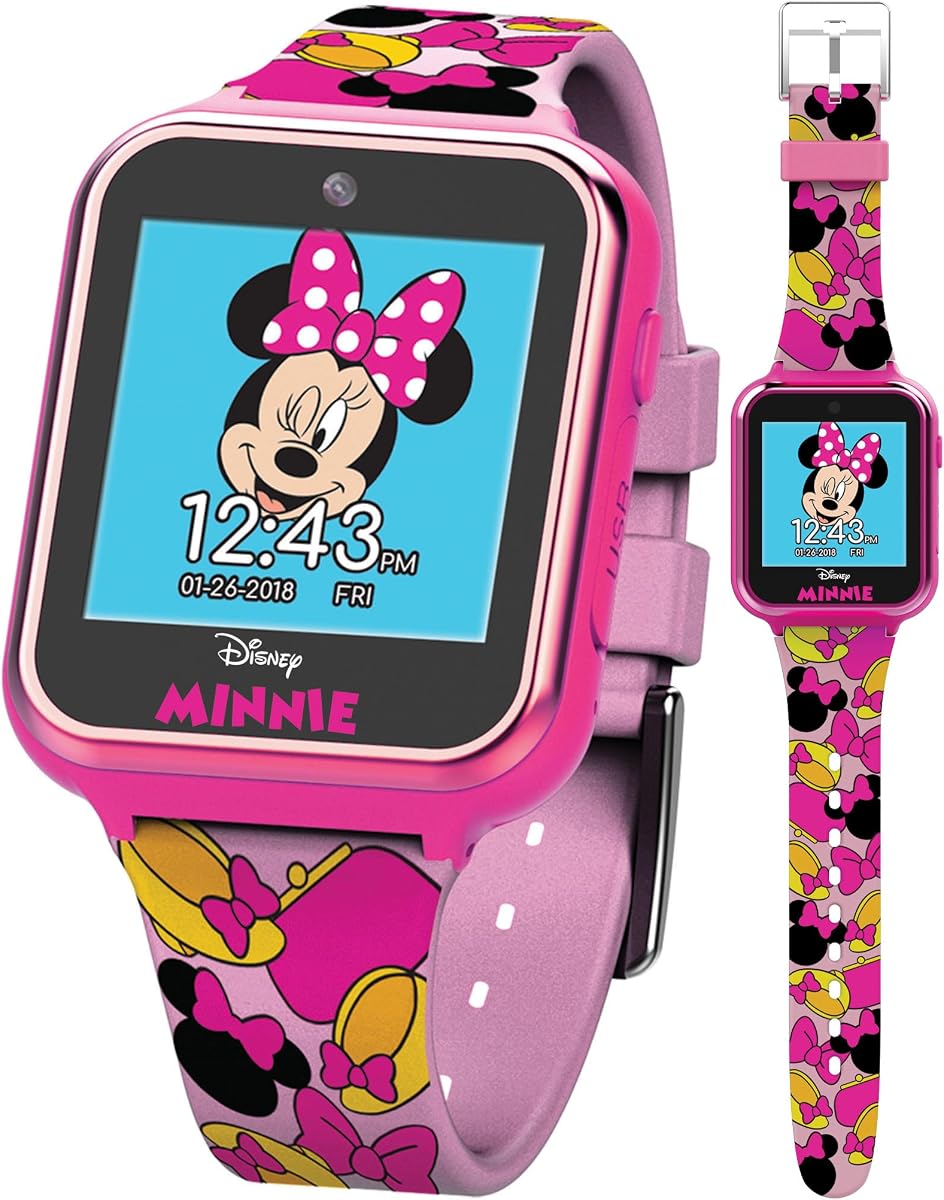 Reloj inteligente interactivo para niños Minnie Mouse de Disney – Reloj con pantalla táctil con cámara, juegos, grabadora de voz, rastreador de pasos, alarma y temporizador – Diseño divertido de Minnie, recargable por USB – Se adapta a muñecas de 5,5" a 8"