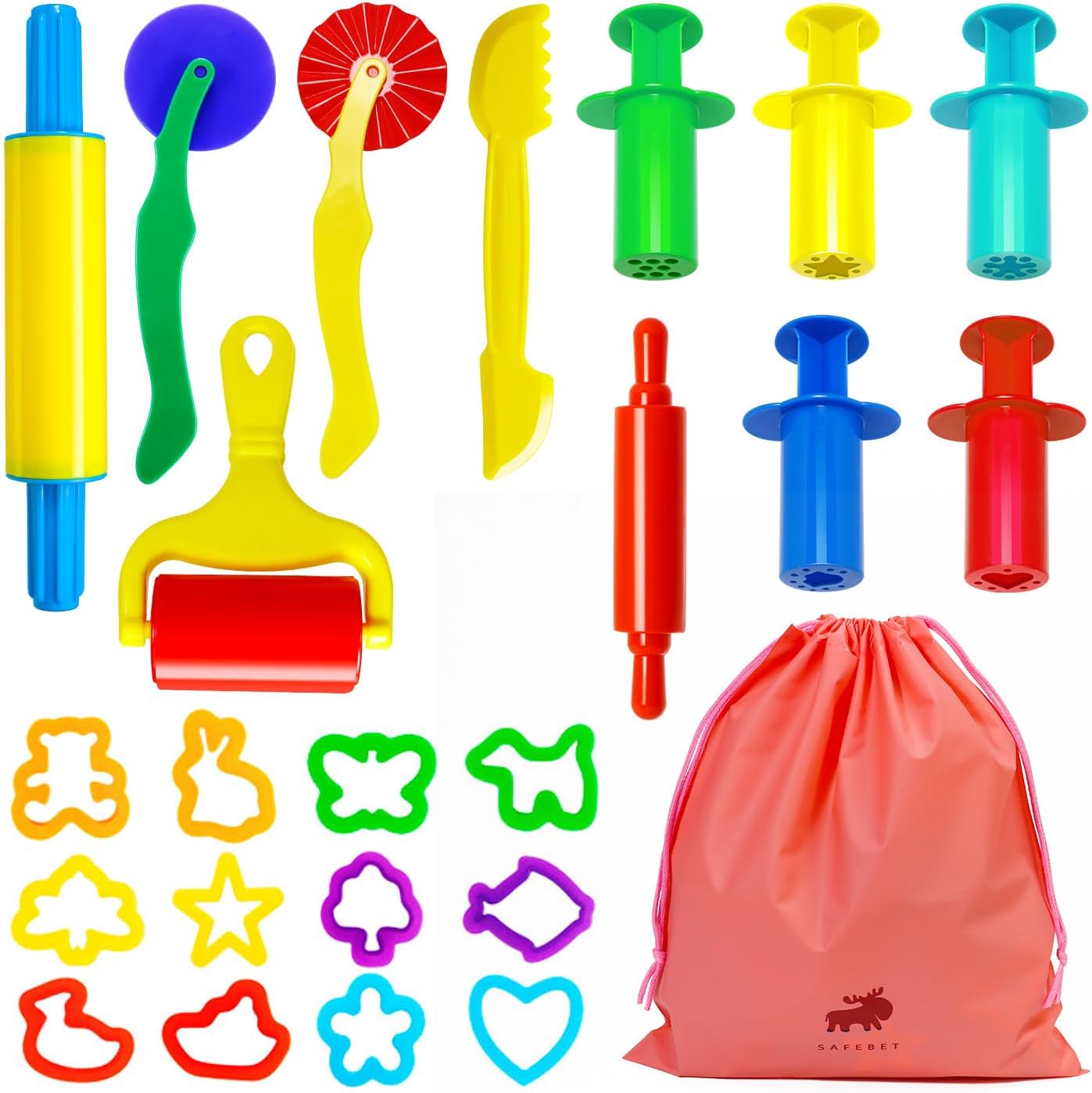 JiosdoPlaydough Tools and Cutters, 23 Pcs Play Dough Tools Rollers Cutters Extruders Kit, Playdough Sets for Kids, Clay Playdough Accessories with Drawstring Bag, Creation Educational Toy Gift Set