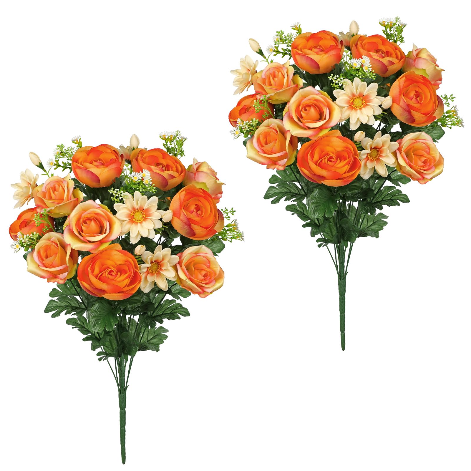 Hollyone 2PCS Artificial Grave Flower Bouquets, Light Orange Silk Roses Daisies, Fake Cemetery Ornaments for Graveside, Funeral Floral Bouquet for Outdoor Decorations