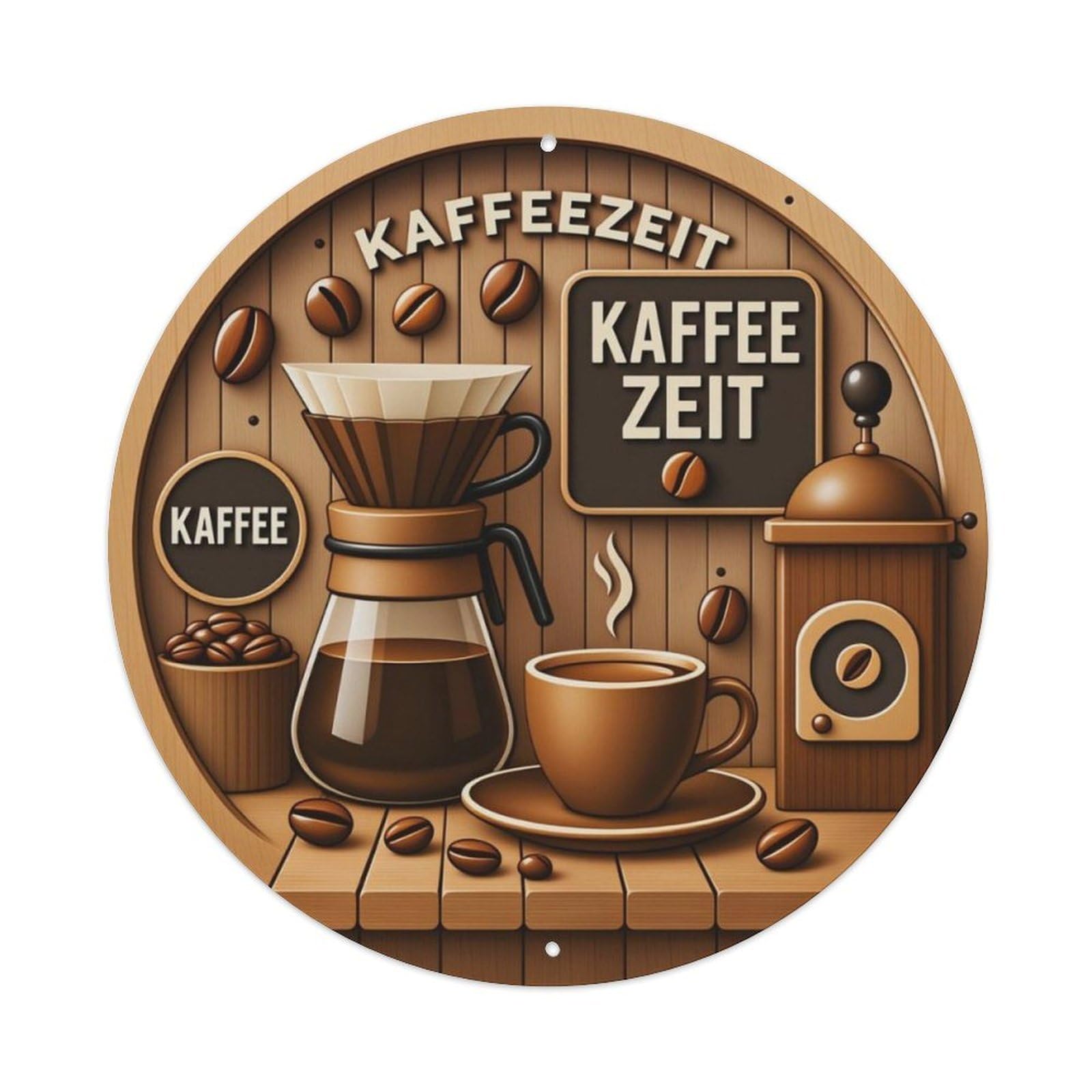 German Coffee Time Wooden Grain Coffee Shop Round Metal Sign Vintage Aluminium Metal Sign, Retro Wall Decor for Home, Bar, Garage & Farmhouse 20x20cm