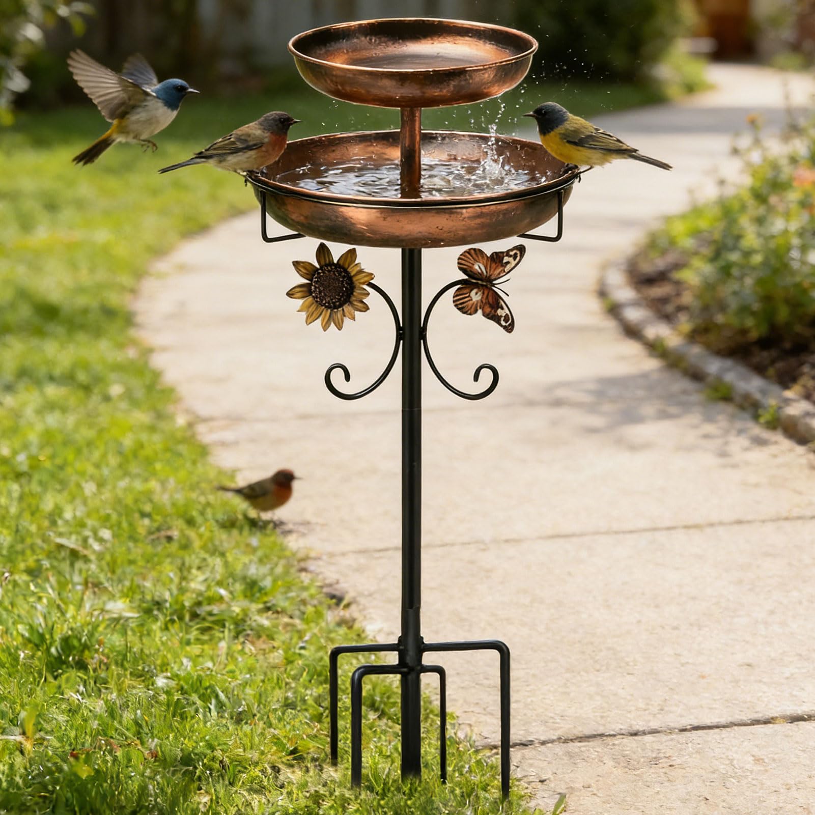 Lergas Bebedero para pájaros de pie, baño para pájaros para exterior, jardín, 2 en 1, de metal, bebedero para pájaros, bebedero para pájaros antiguos, resistente al invierno, para exteriores, balcón