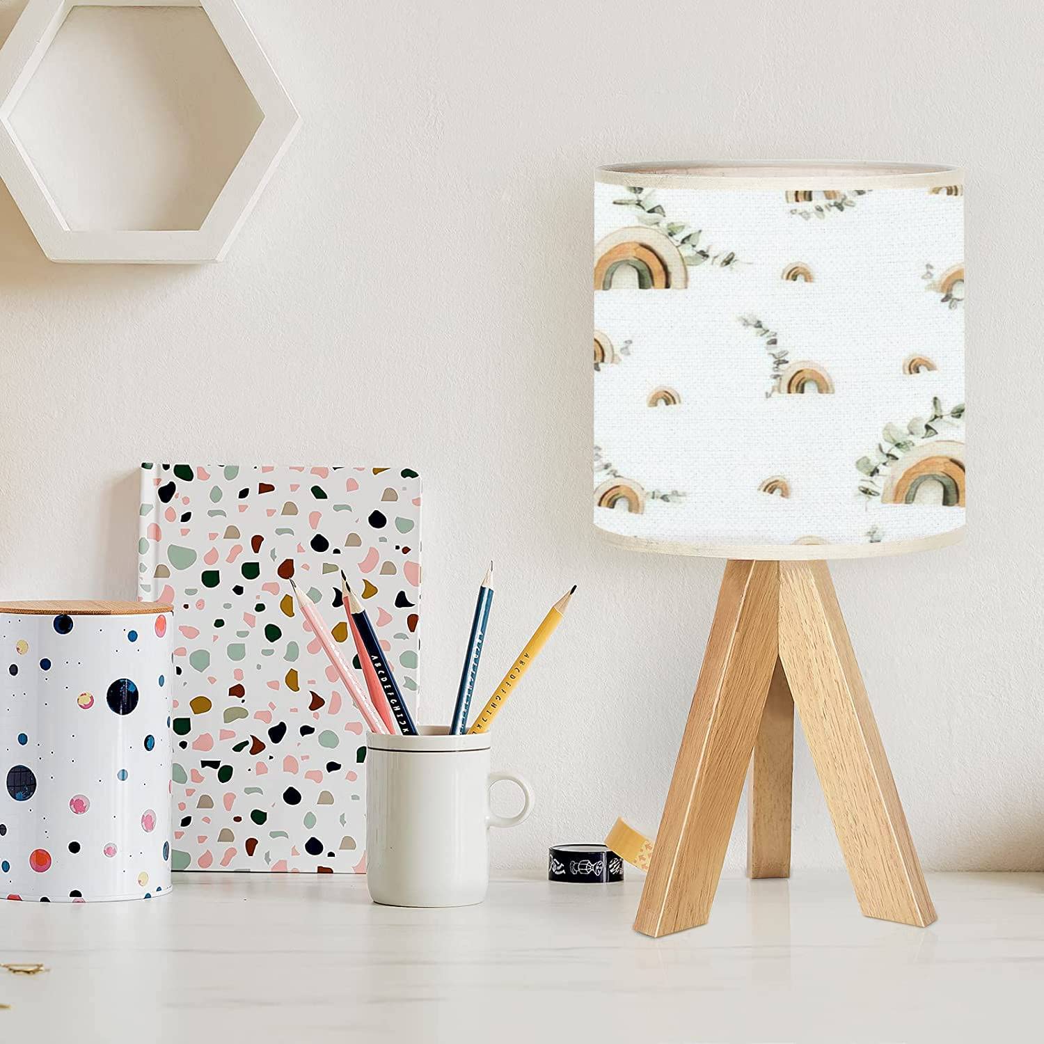 OEPWQIWEPZ Tripod Bedside Desk Table Lamp Watercolor Nursery Seamless Hand Painted Cute Boho Rainbow Eucalyptus Wood Nightstand with Linen Fabric Shade for Bedroom Living Room Kids 7.09x14.57inch